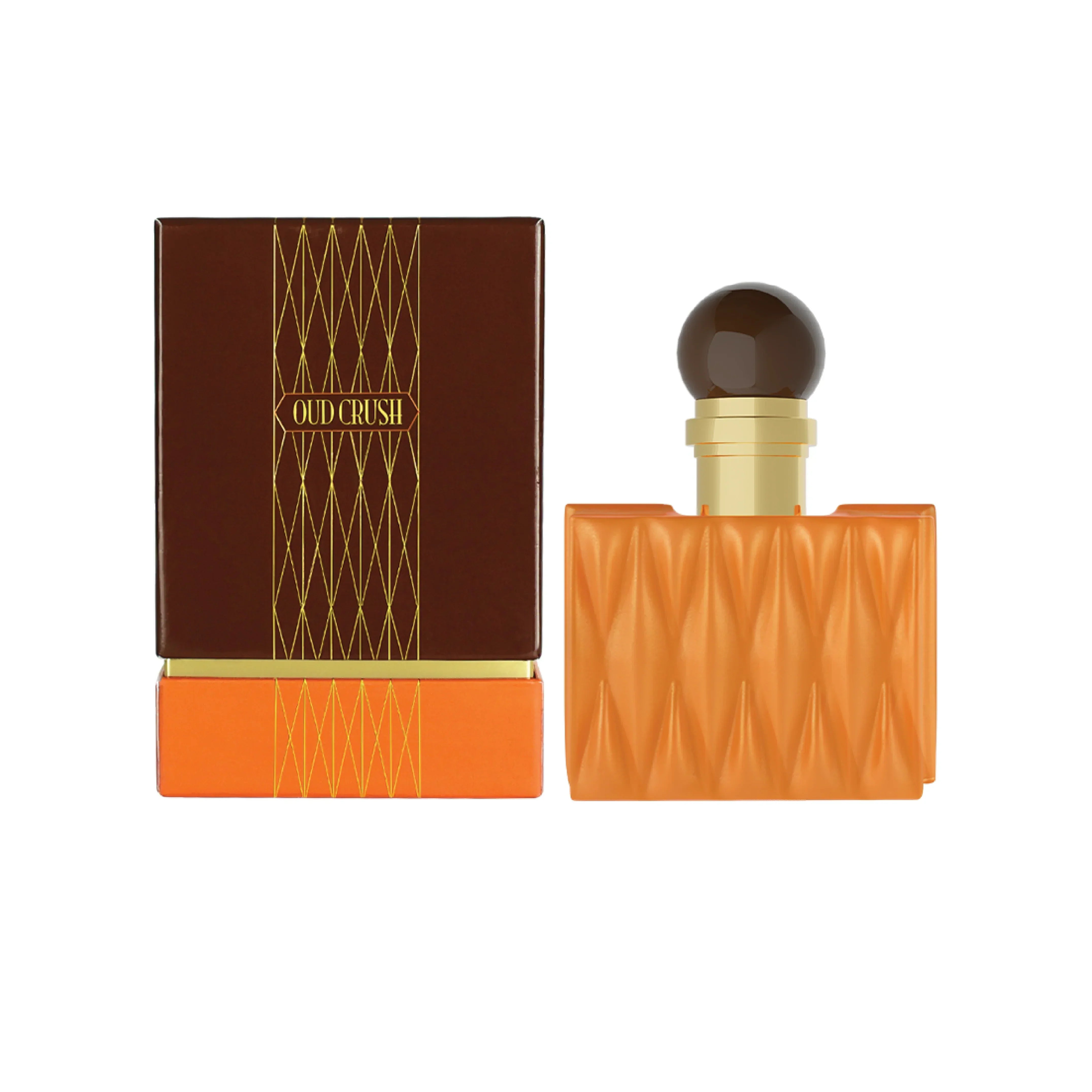 Oud Crush luxury perfume bottle with textured orange design and elegant brown packaging
