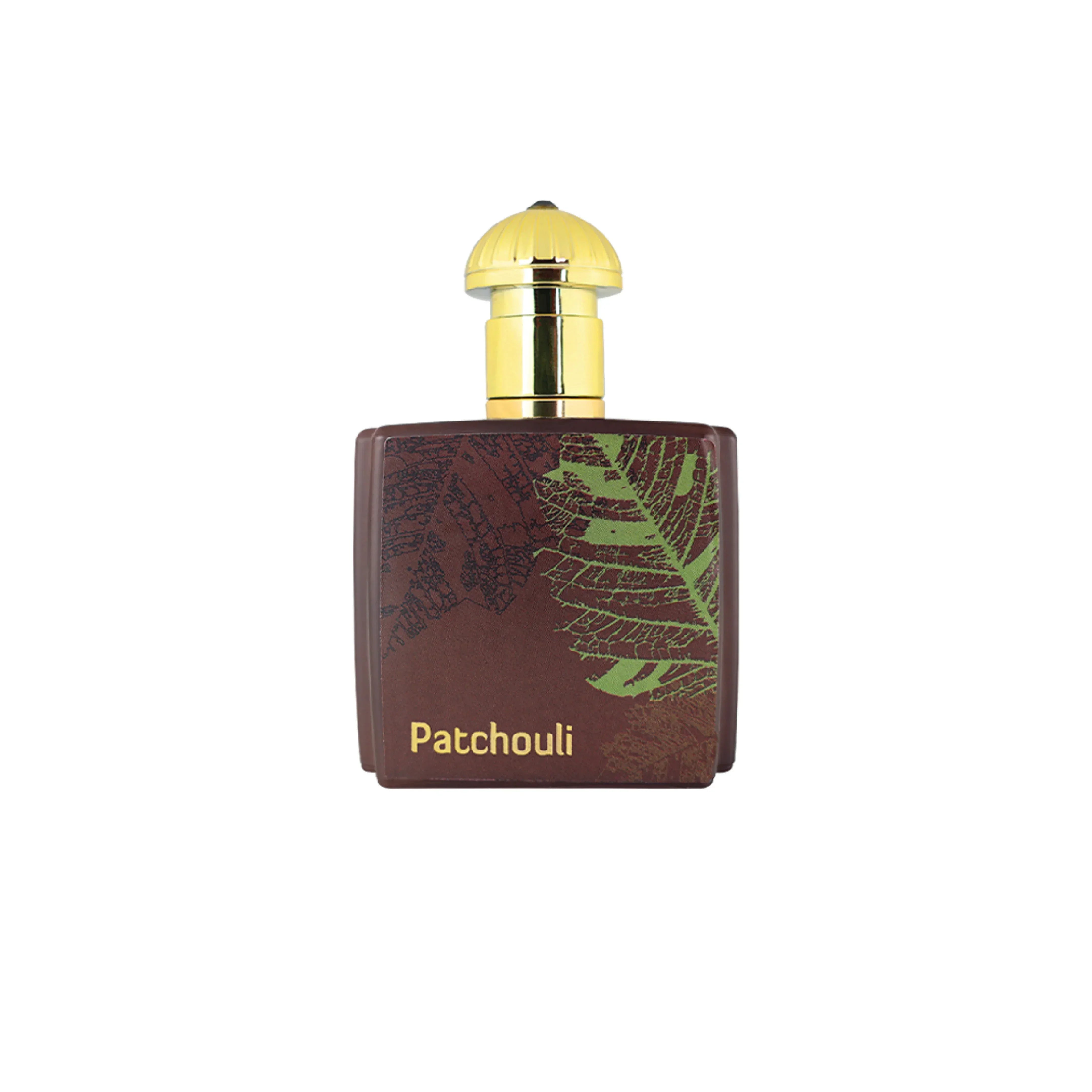 Luxury Patchouli perfume bottle with gold cap and leaf design, ideal for fragrance enthusiasts