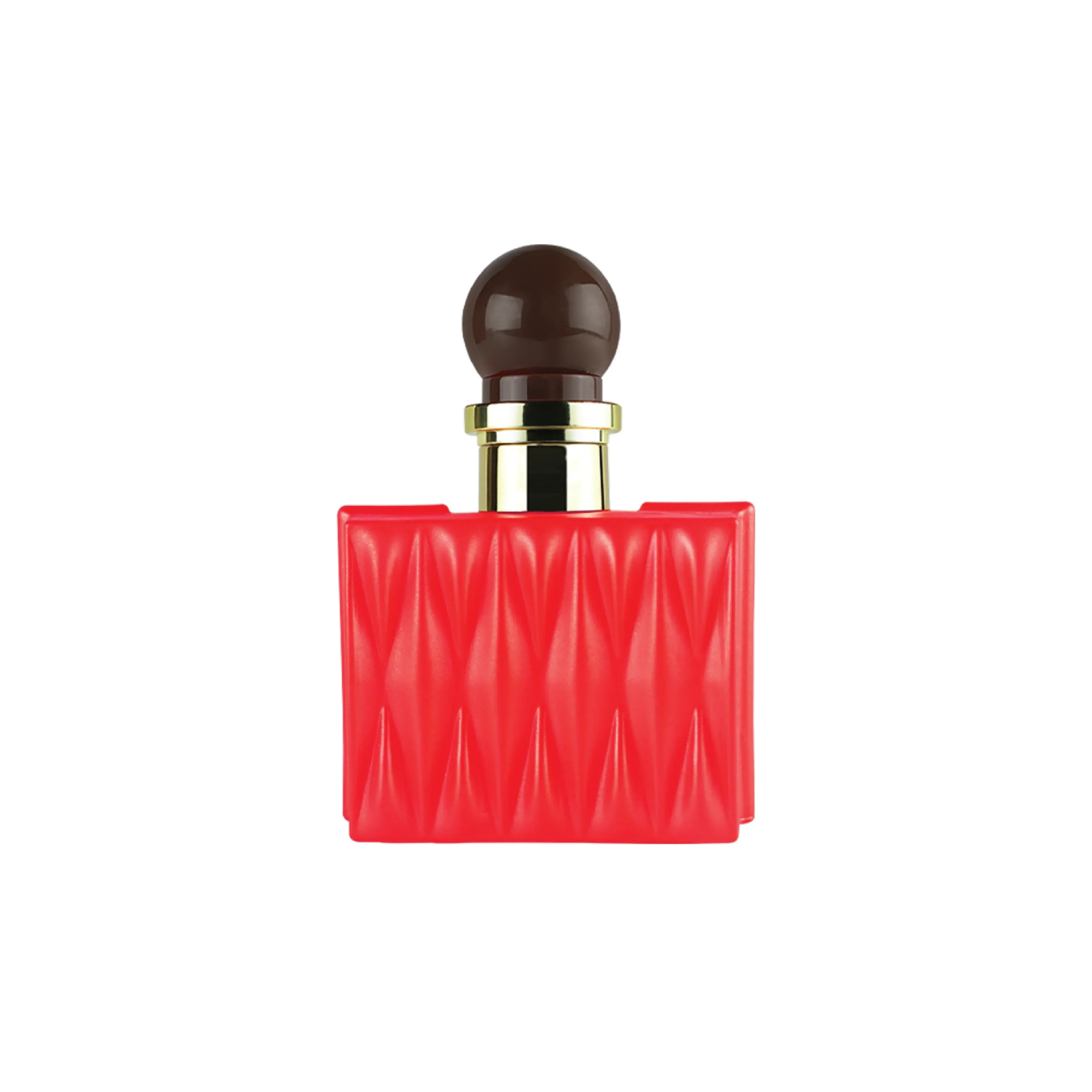 Red textured perfume bottle with gold accents and dark cap