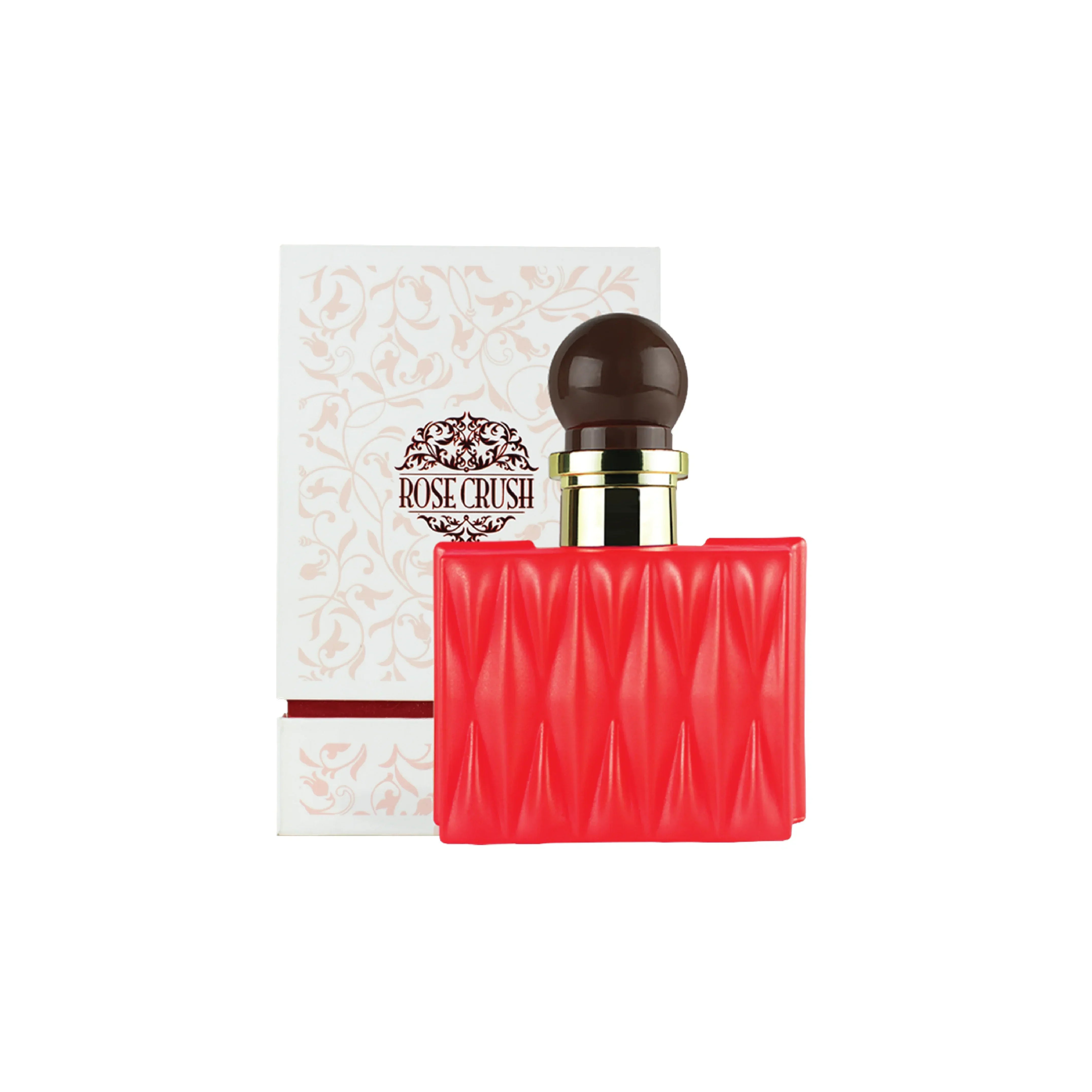 Red textured perfume bottle with 'Rose Crush' box, luxury Middle Eastern fragrance