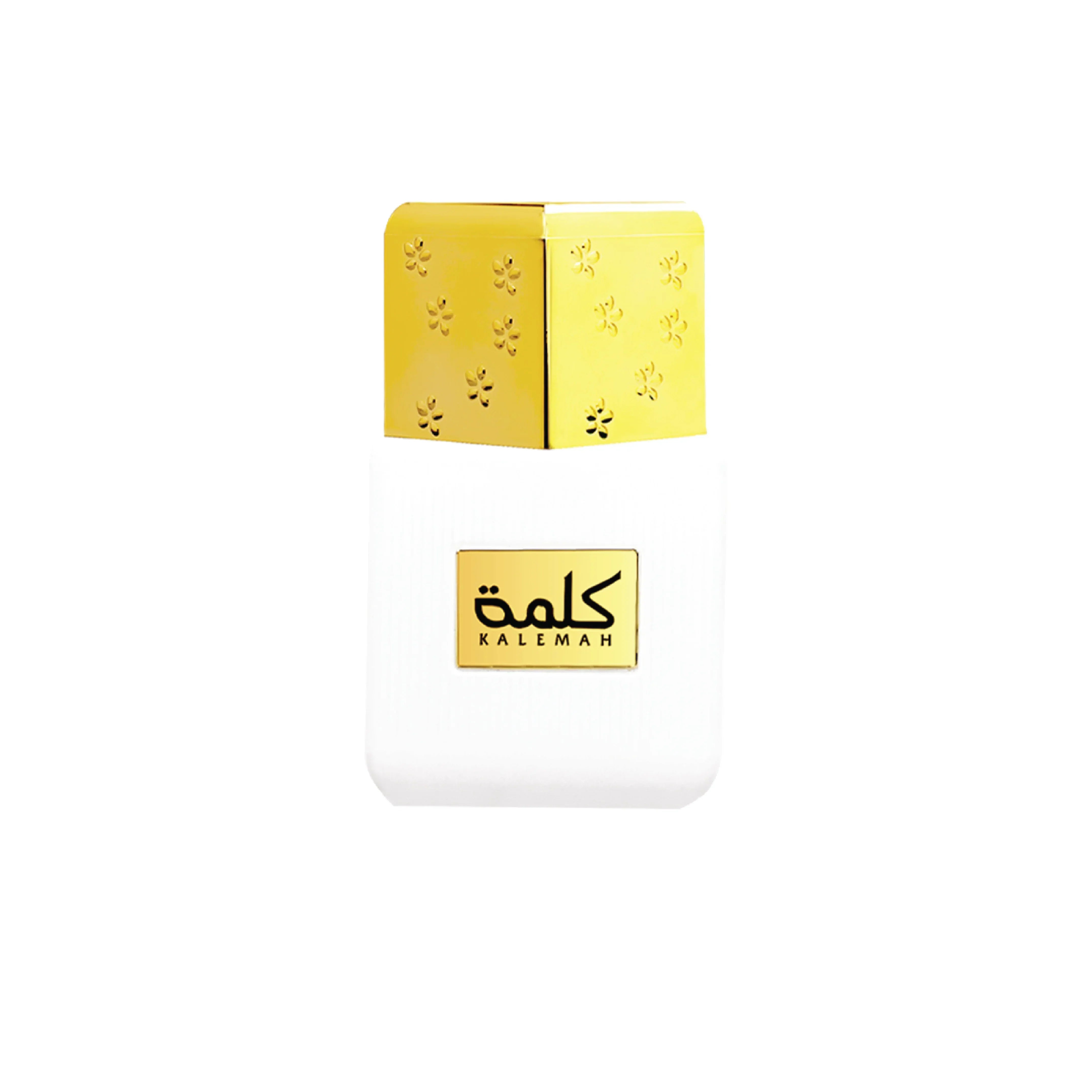 Kalemah luxury perfume bottle with gold floral cap and elegant white design