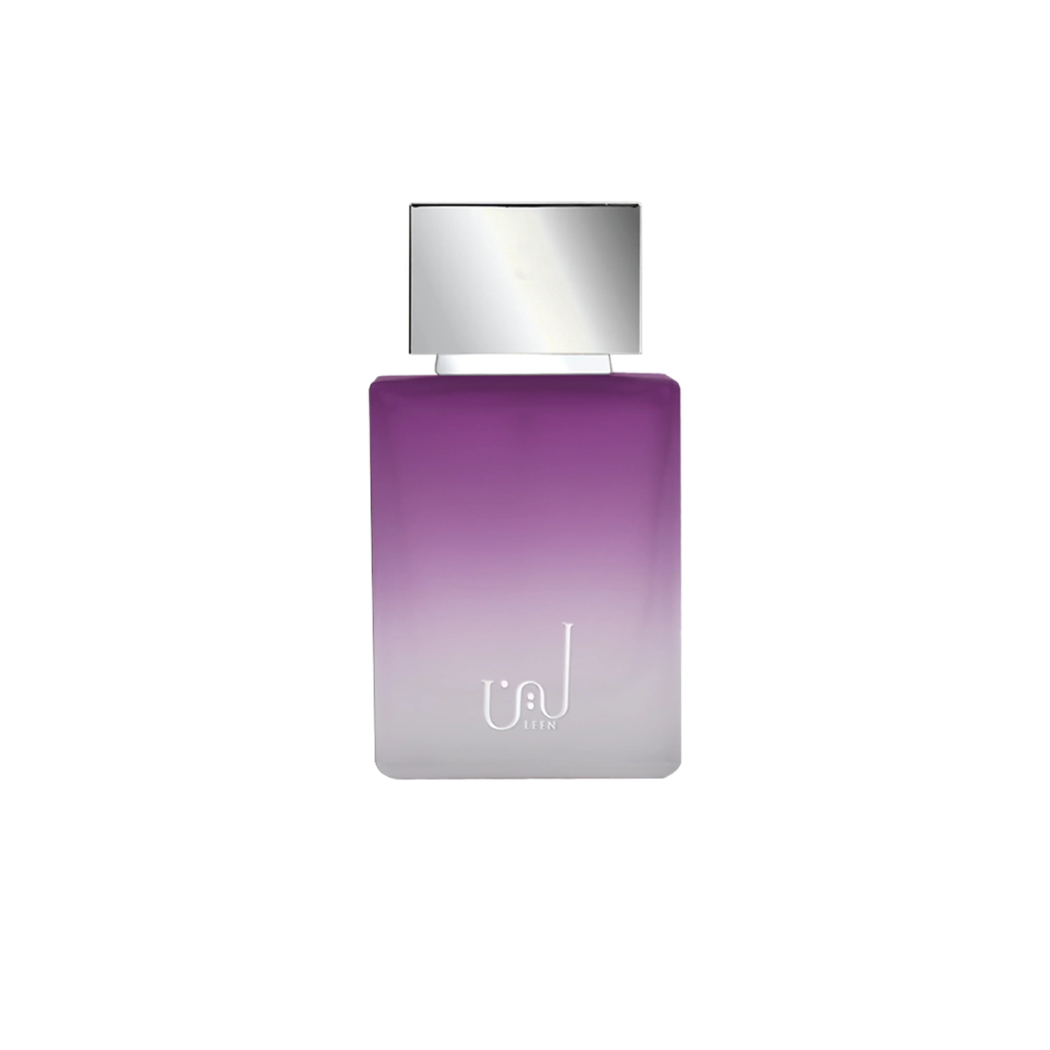Purple gradient perfume bottle with silver cap, elegant luxury fragrance design
