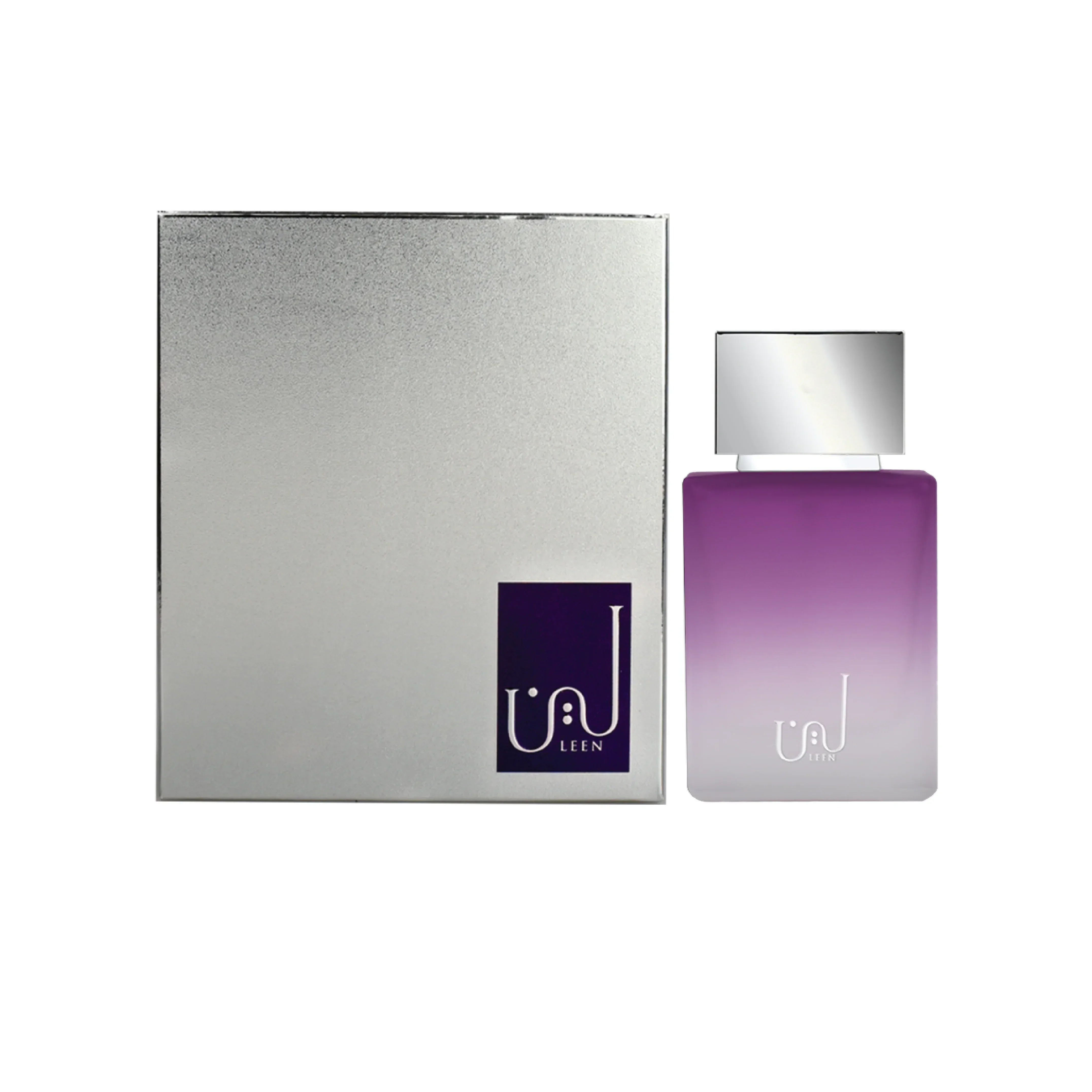 Purple gradient perfume bottle with silver cap and matching box, luxury fragrance design