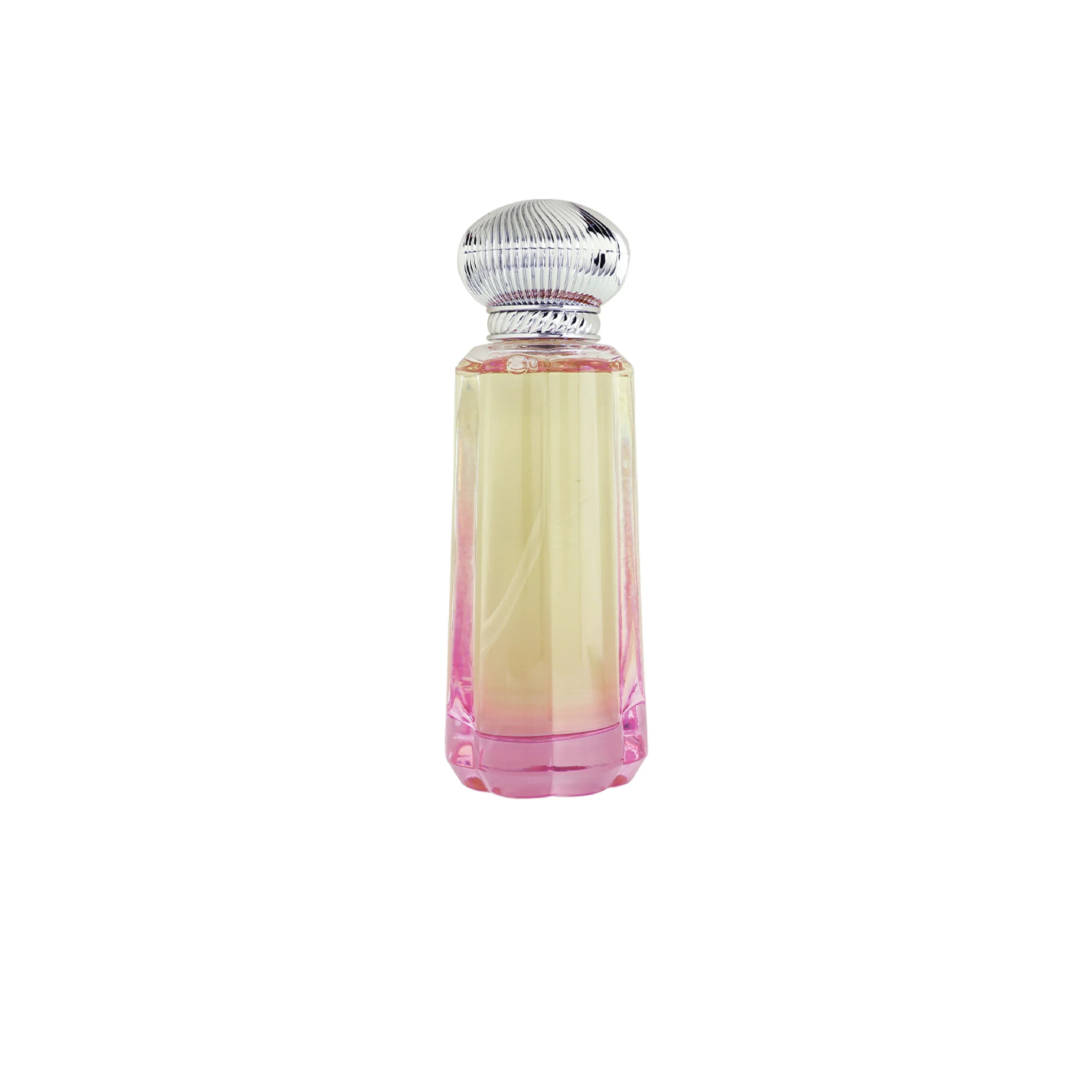 Elegant pink and gold luxury perfume bottle with ribbed silver cap