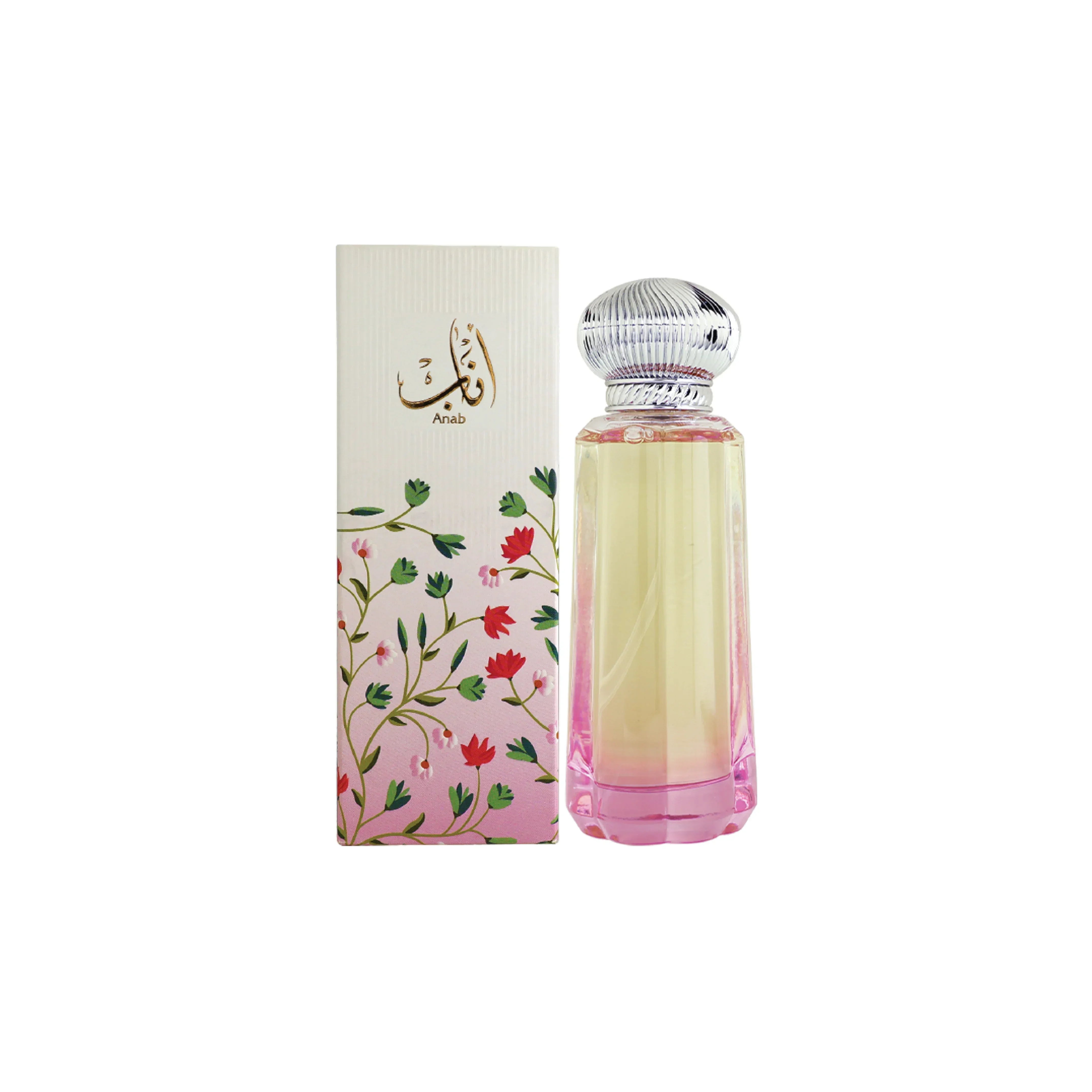 Elegant floral perfume bottle with pink accents and matching gift box, showcasing luxury fragrance design.