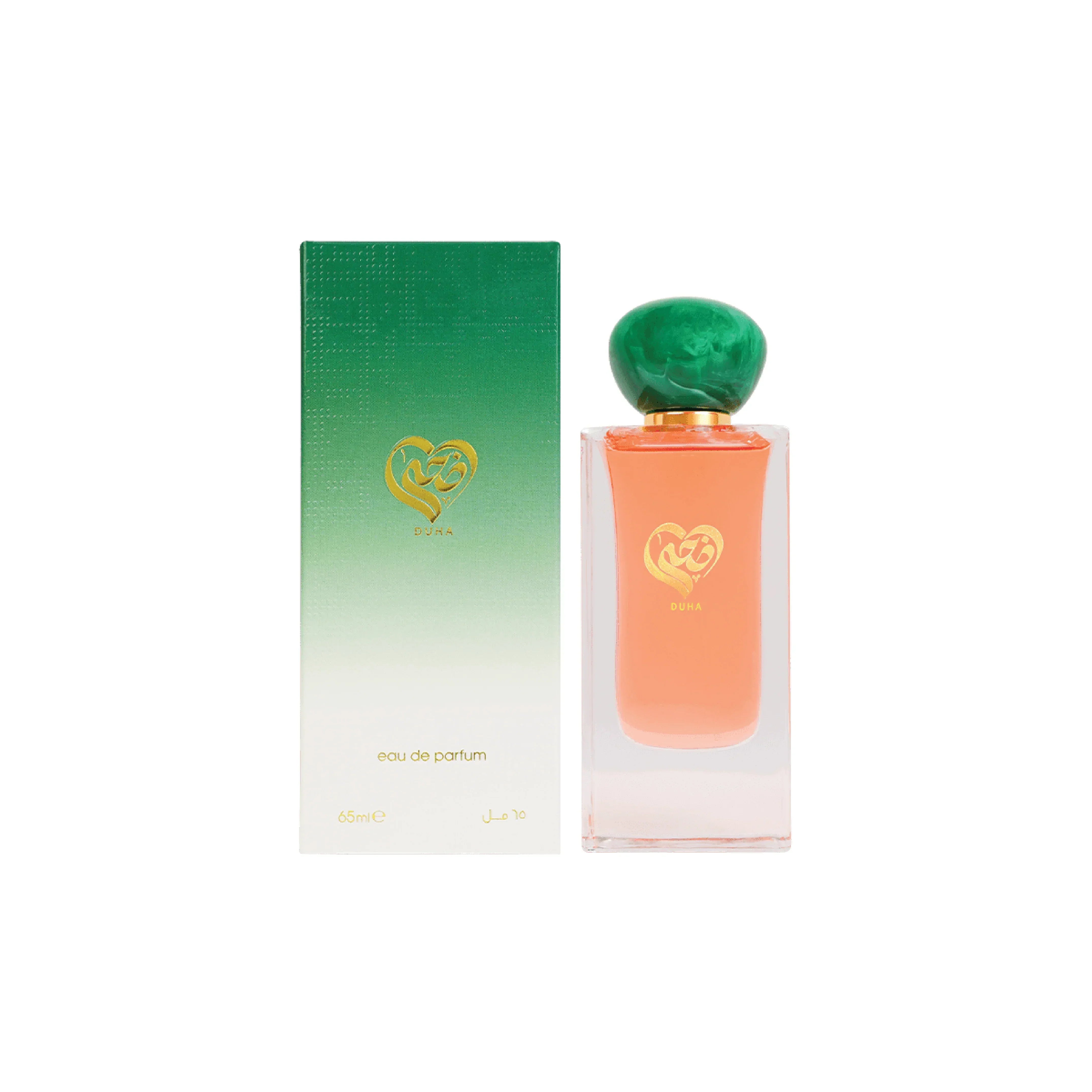 Luxury eau de parfum with green cap and gradient packaging, 65ml