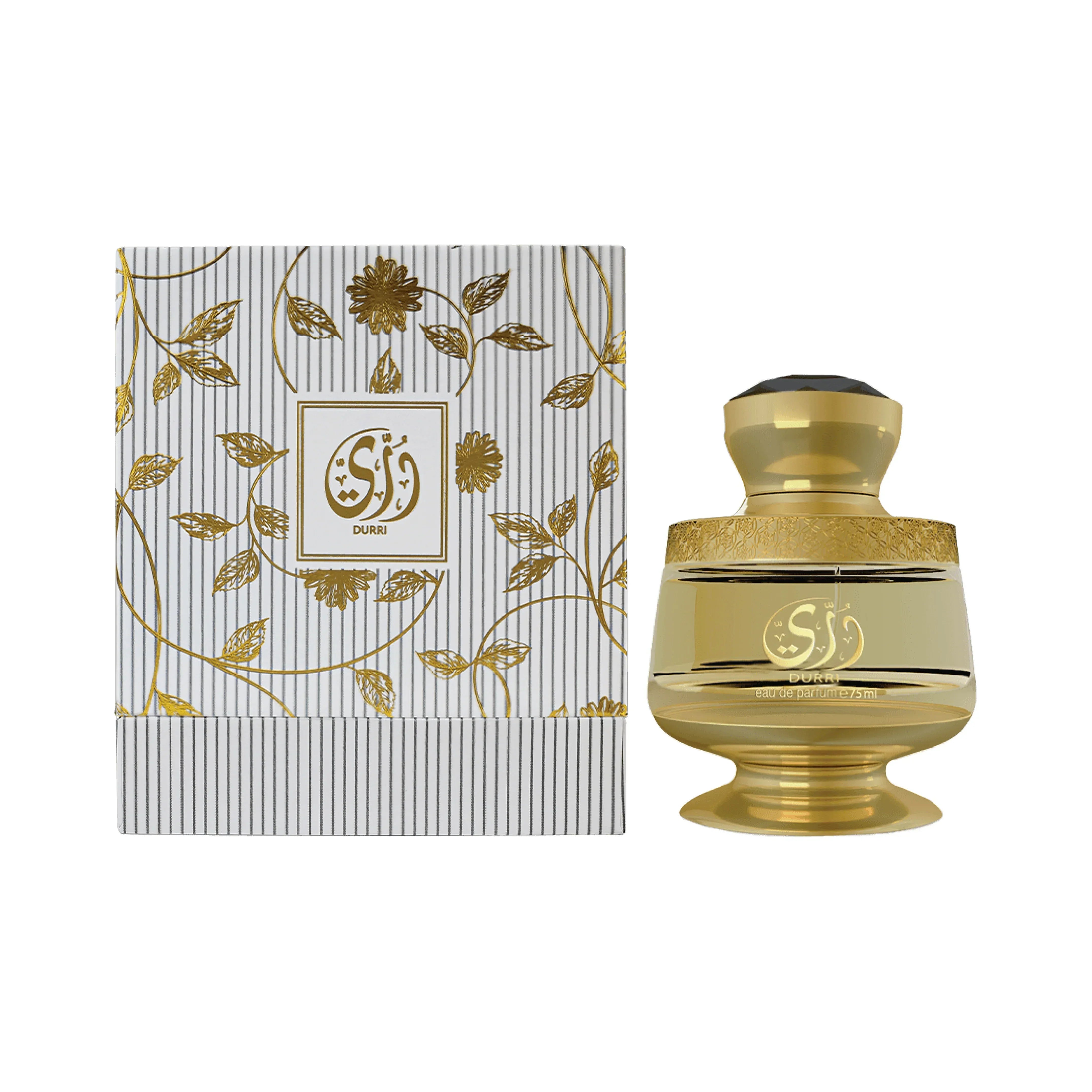 Luxury Durri eau de parfum bottle with elegant gold floral packaging, 75ml