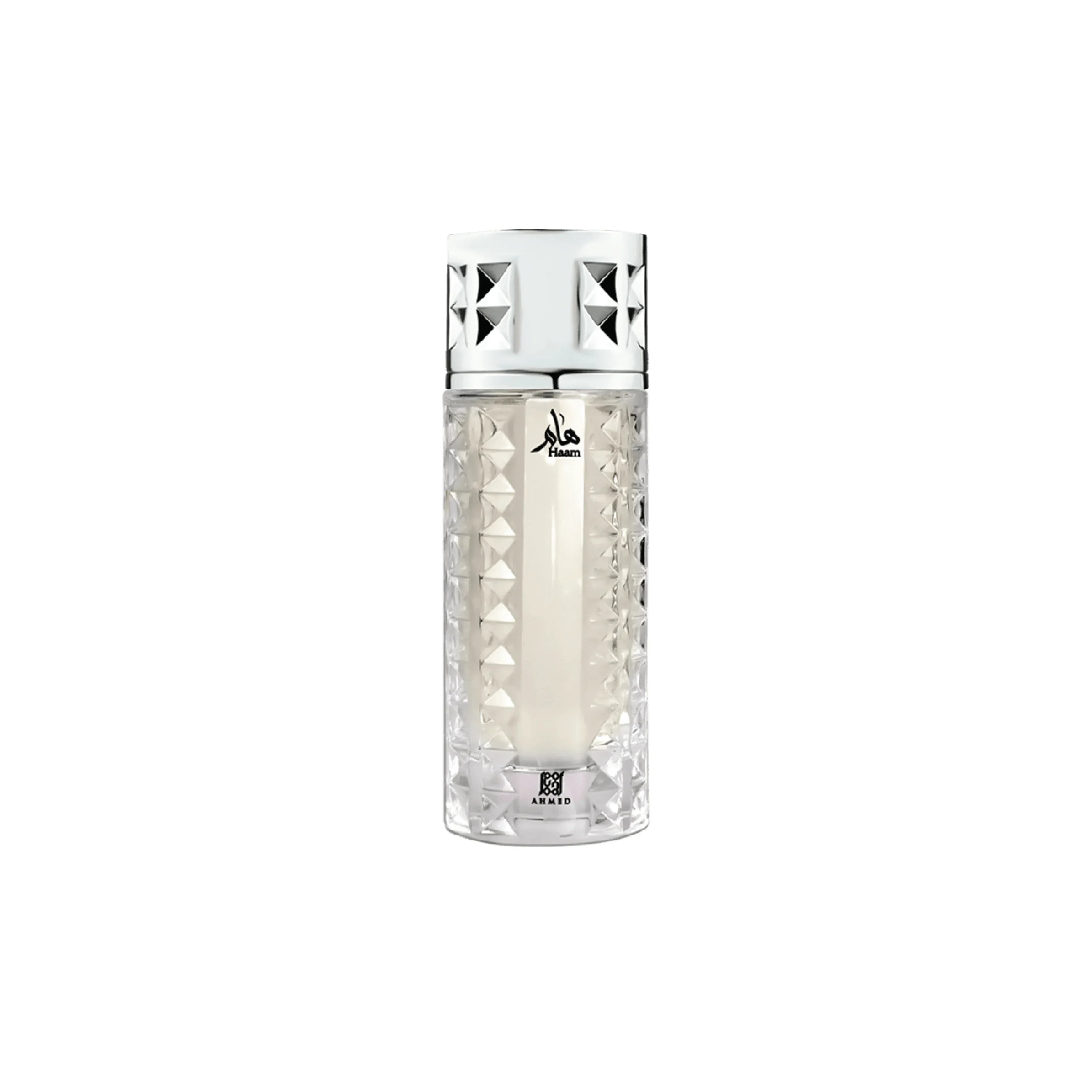 Elegant Haam perfume bottle with geometric design and silver cap, luxury Middle Eastern fragrance