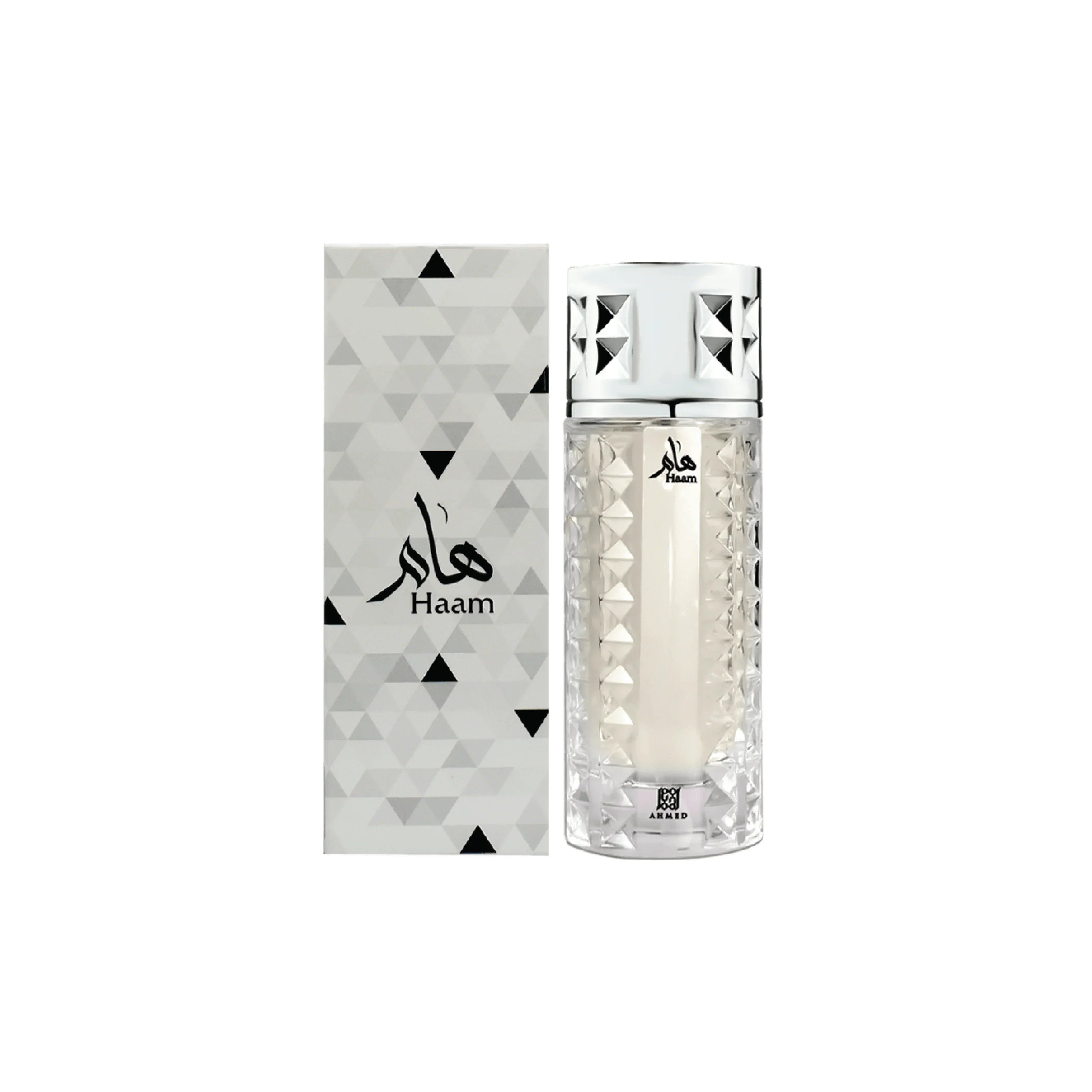 Haam luxury perfume bottle with geometric design and matching box, Middle Eastern fragrance