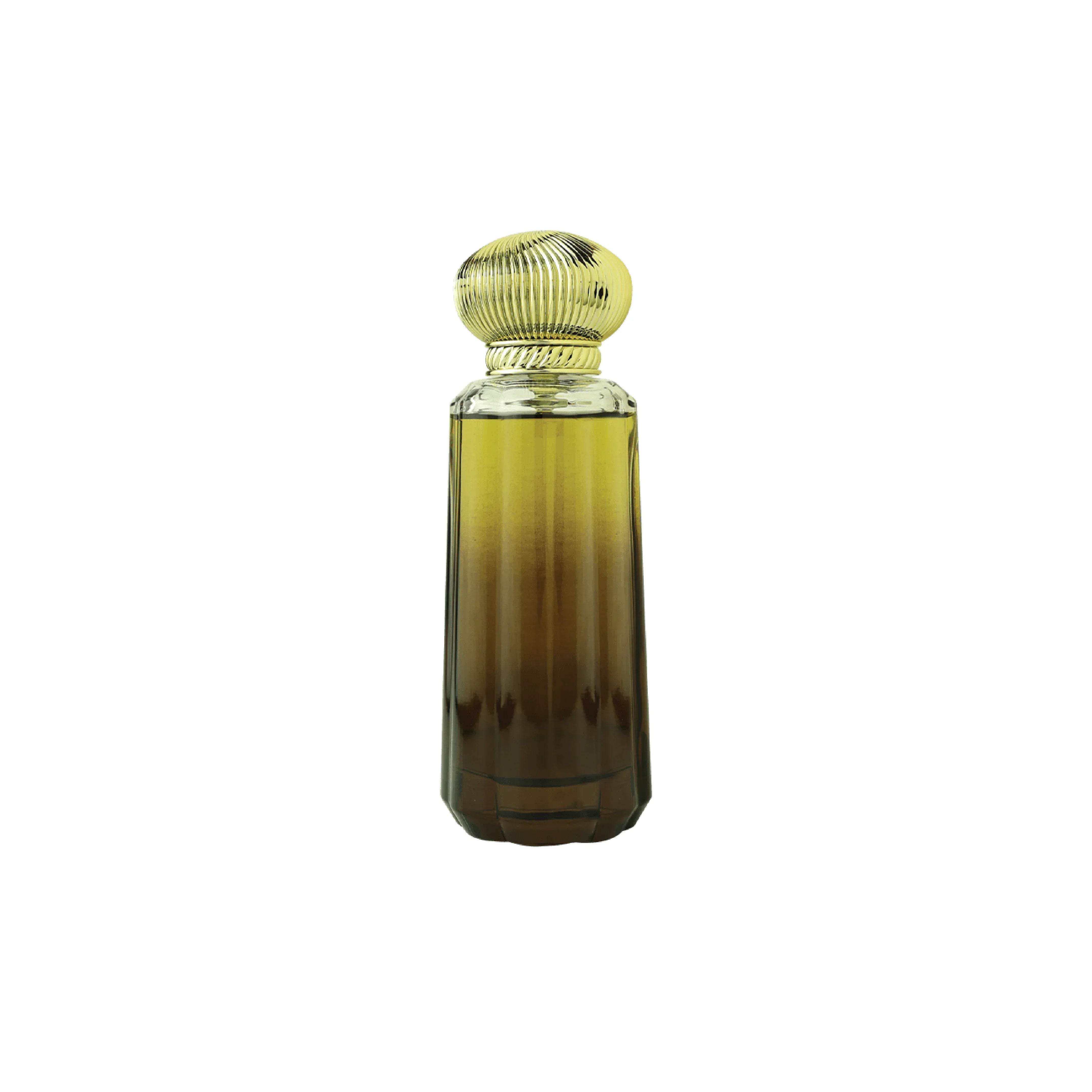 Luxury amber perfume bottle with golden ribbed cap, elegant Middle Eastern fragrance design