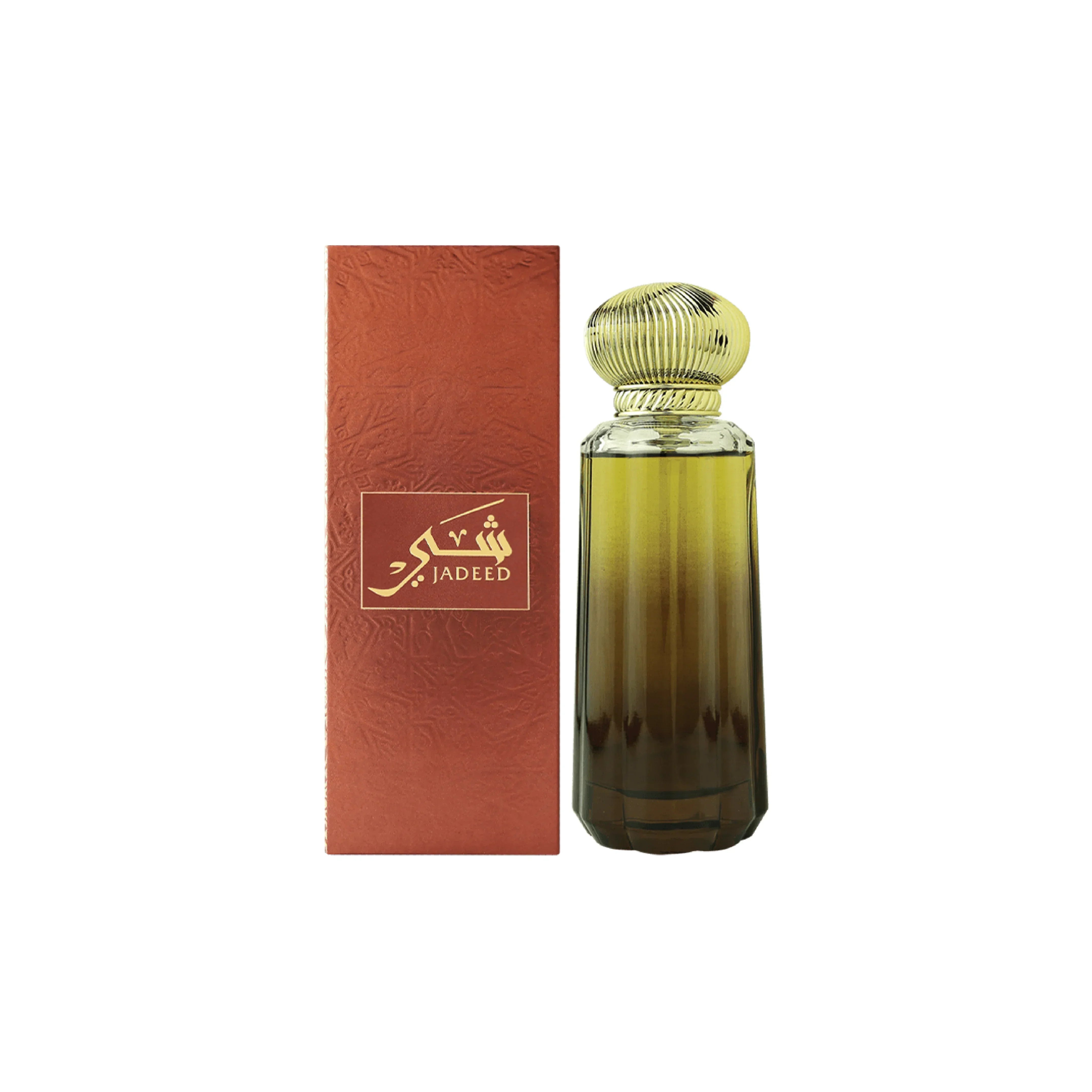Jadeed luxury perfume bottle with ornate gold cap and matching red box, Middle Eastern fragrance