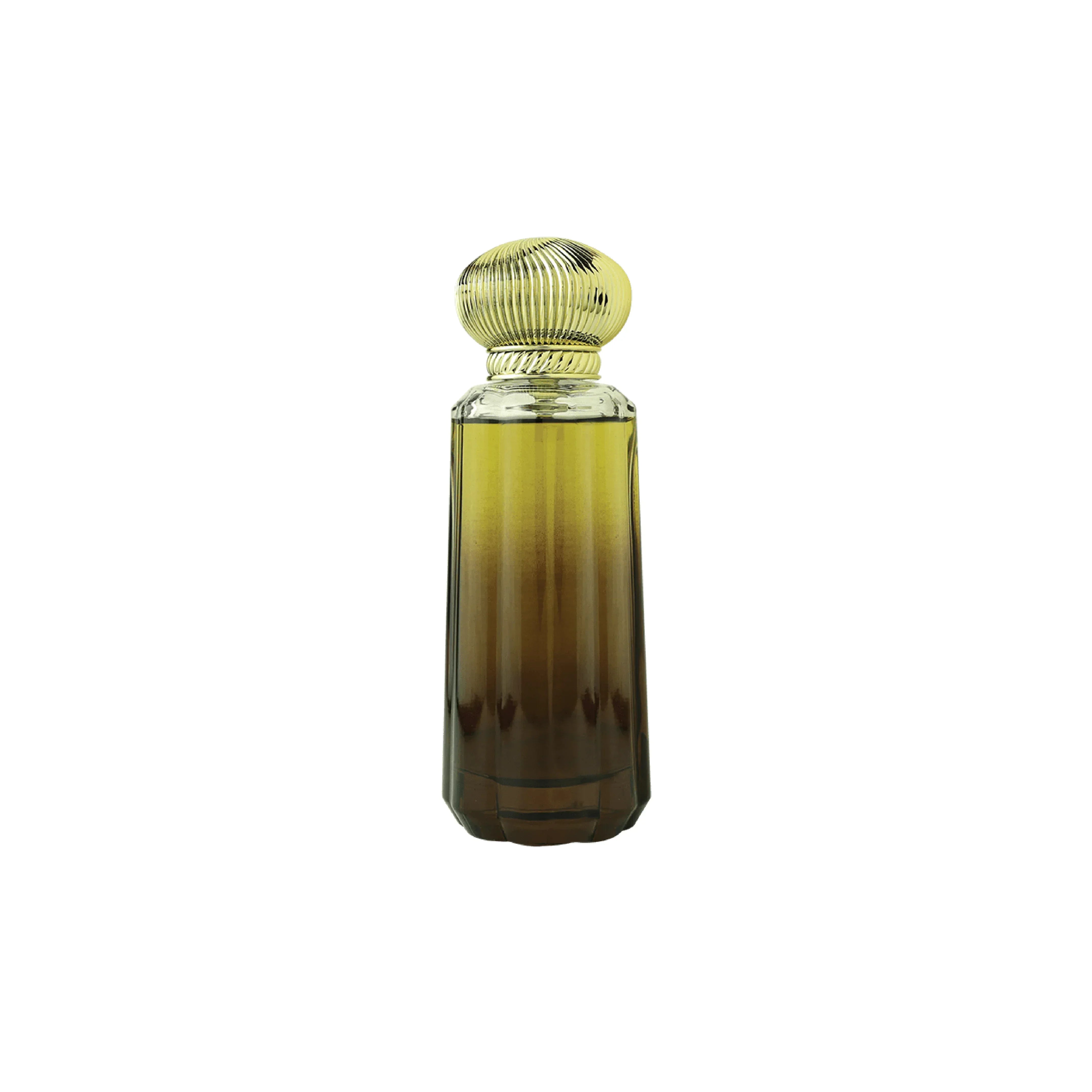 Luxury Middle Eastern perfume bottle with golden cap and amber gradient glass