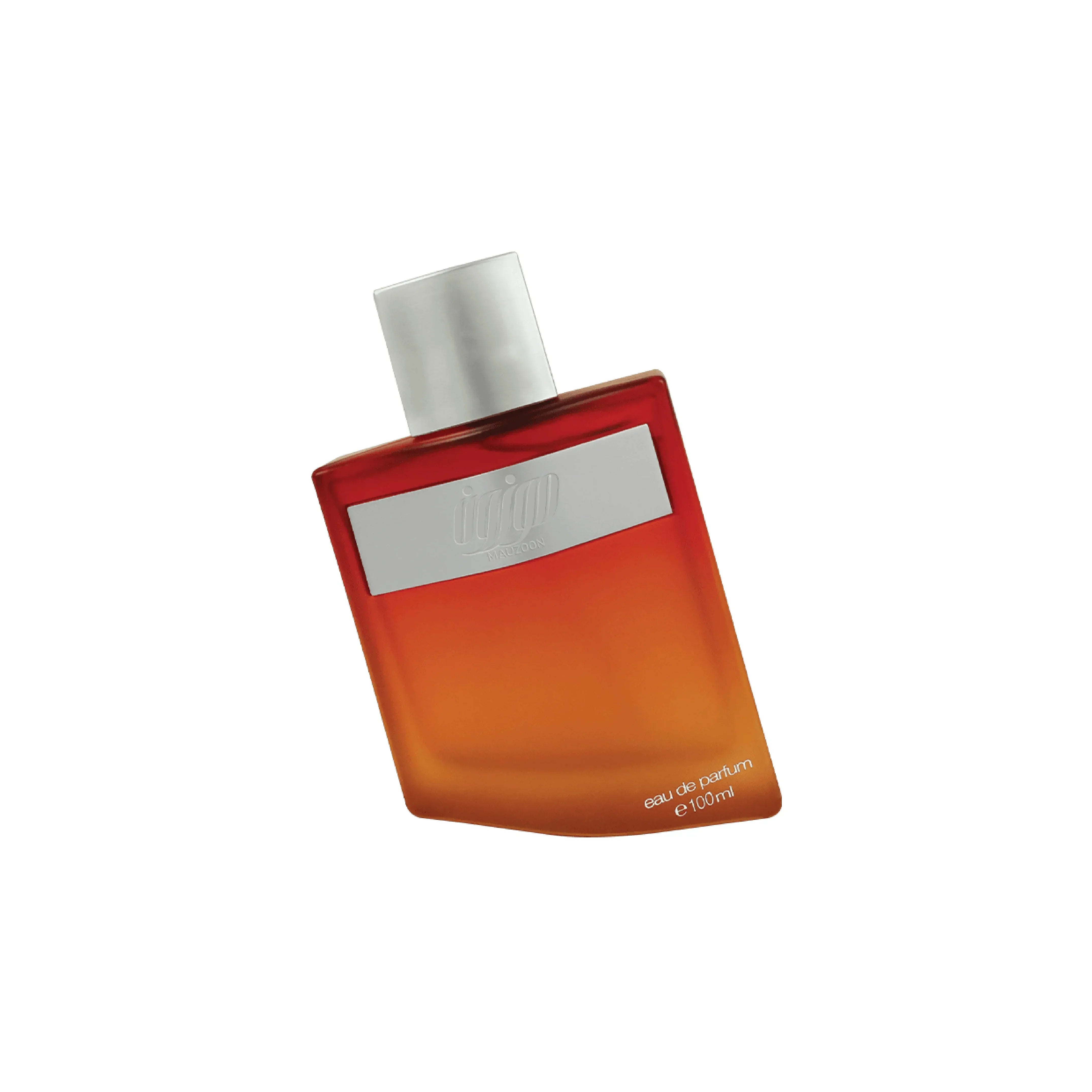 Luxury eau de parfum bottle with gradient red-orange design and silver cap, 100ml