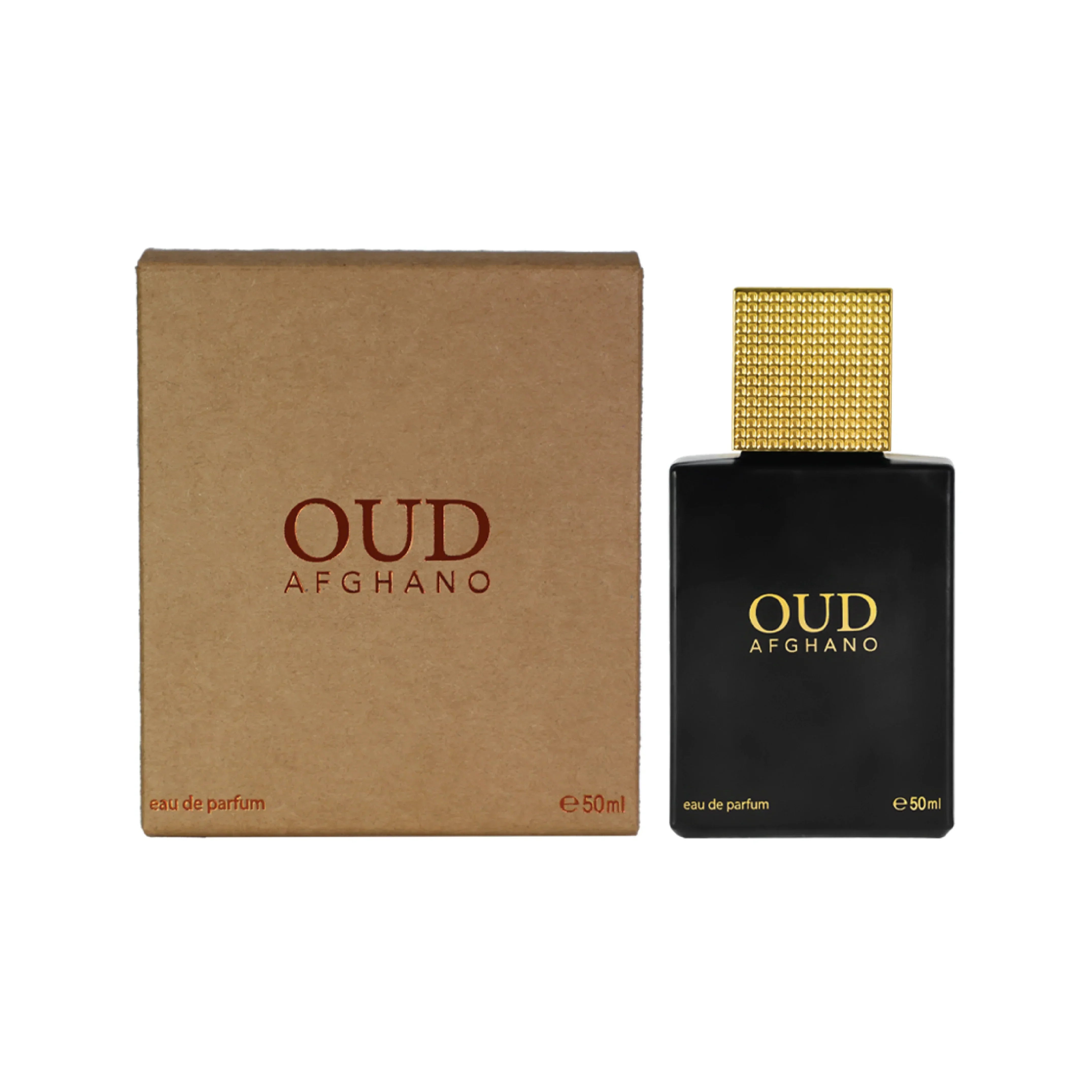 Oud Afghano eau de parfum 50ml with gold cap and brown box, luxury Middle Eastern fragrance