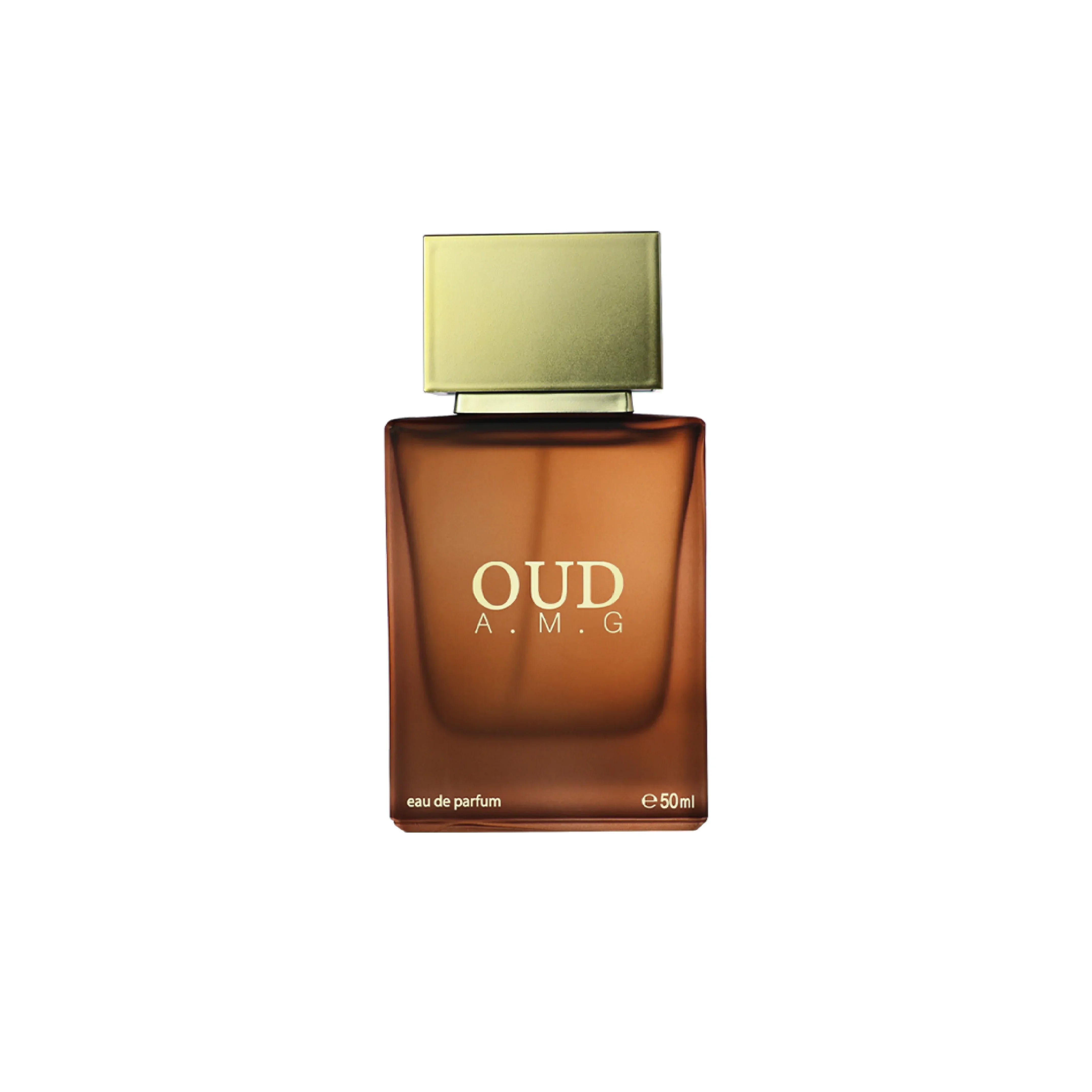 Oud A.M.G eau de parfum 50ml luxury Middle Eastern fragrance in amber bottle with gold cap