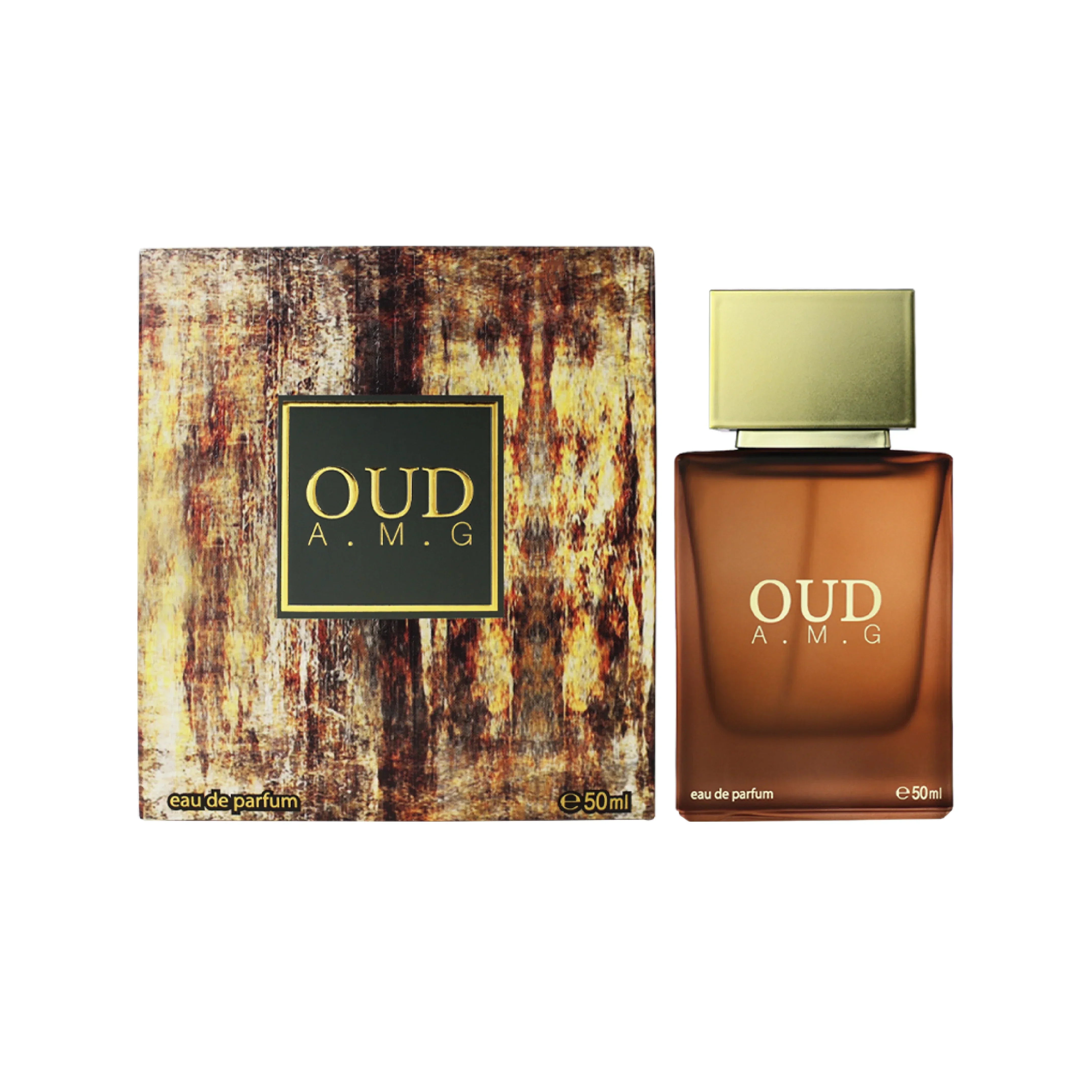 Oud A.M.G eau de parfum 50ml bottle with textured packaging, luxury Middle Eastern fragrance
