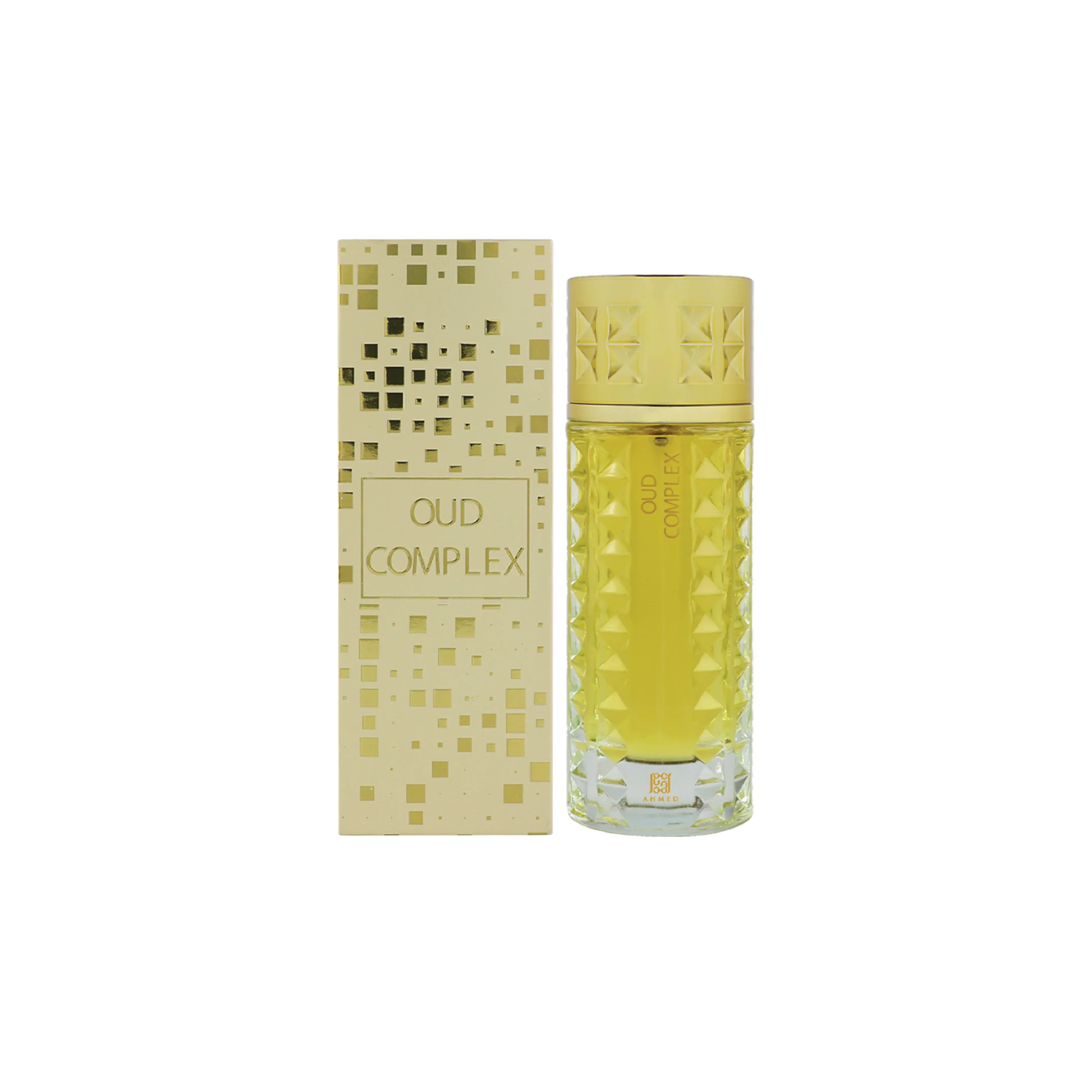 Oud Complex luxury perfume bottle and box with gold geometric design, Middle Eastern fragrance
