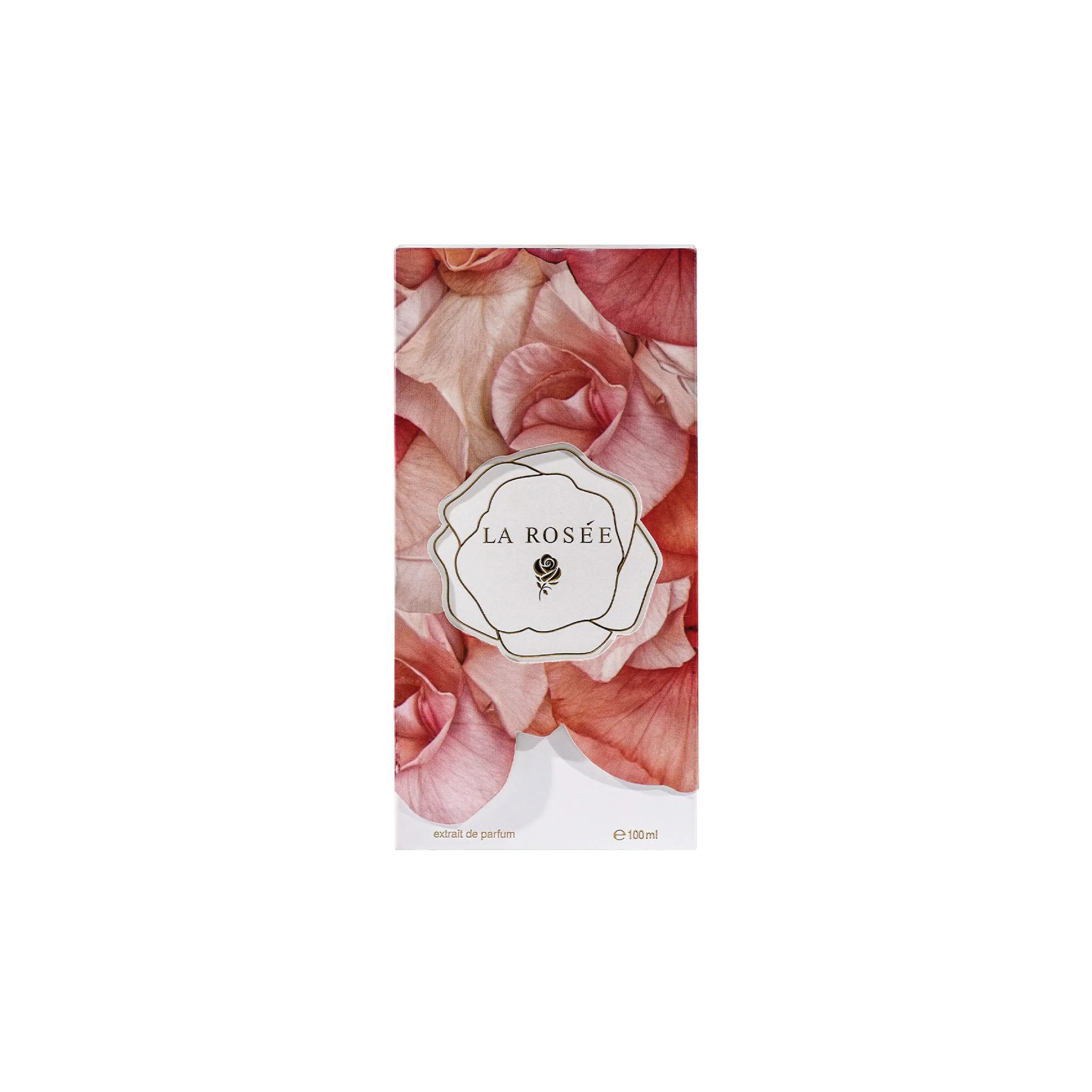 La Rosée perfume box with pink rose petals and elegant floral design, 100ml extrait de parfum