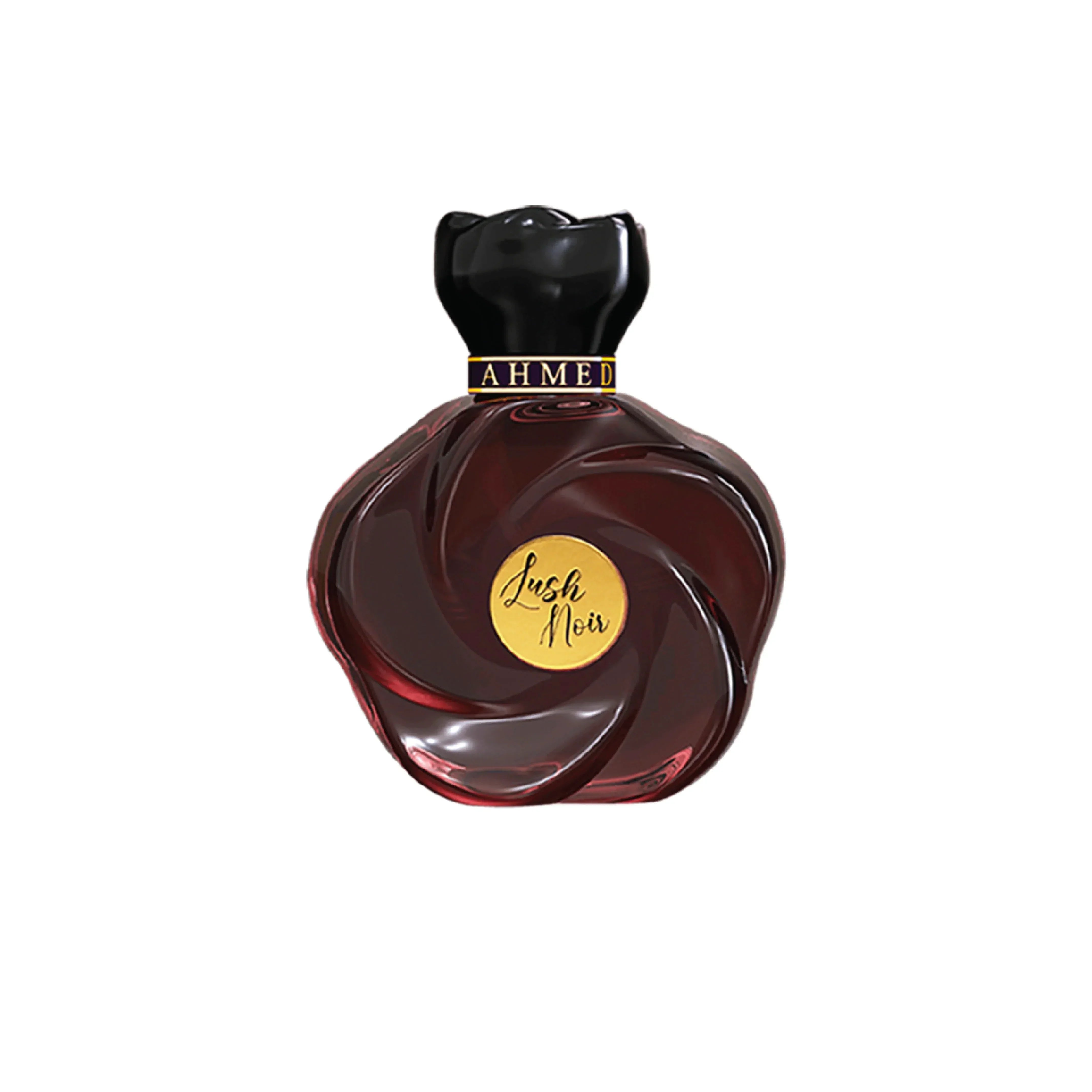 Elegant dark red Lush Noir perfume bottle with gold label and black cap, luxury fragrance