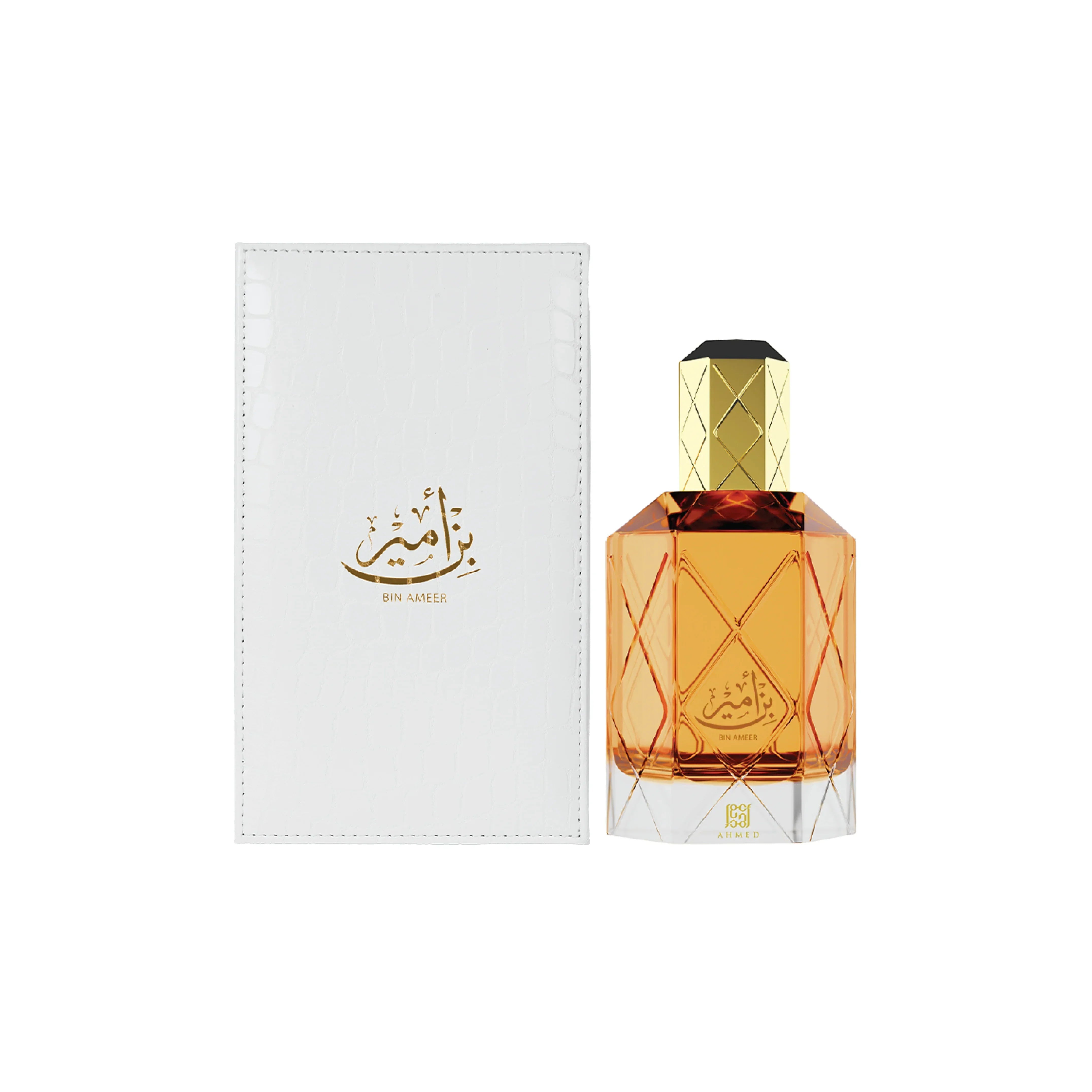 Luxury Bin Ameer perfume bottle with geometric design and gold accents, paired with a white textured box.