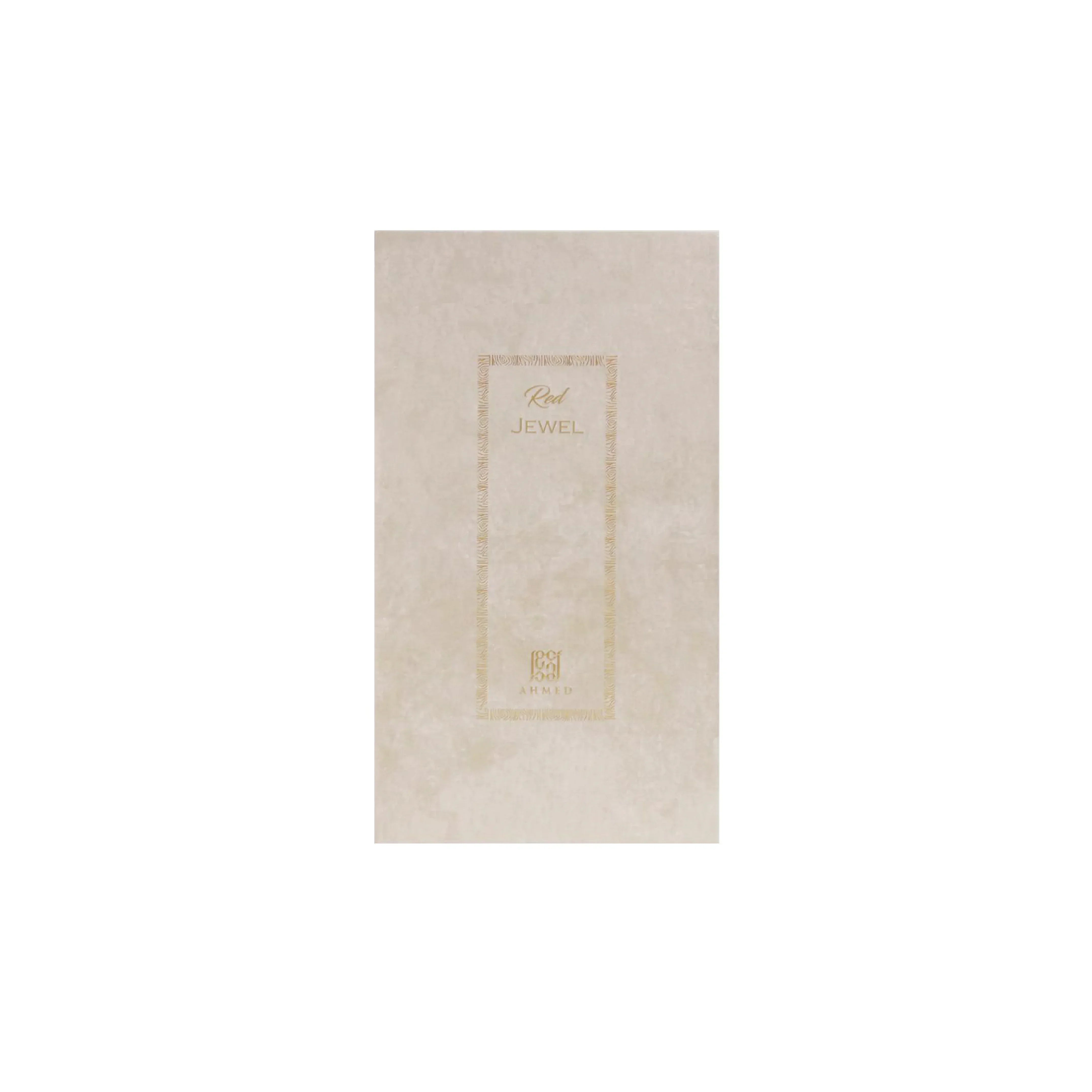 Red Jewel luxury perfume box by Ahmed, elegant gold detailing on beige packaging