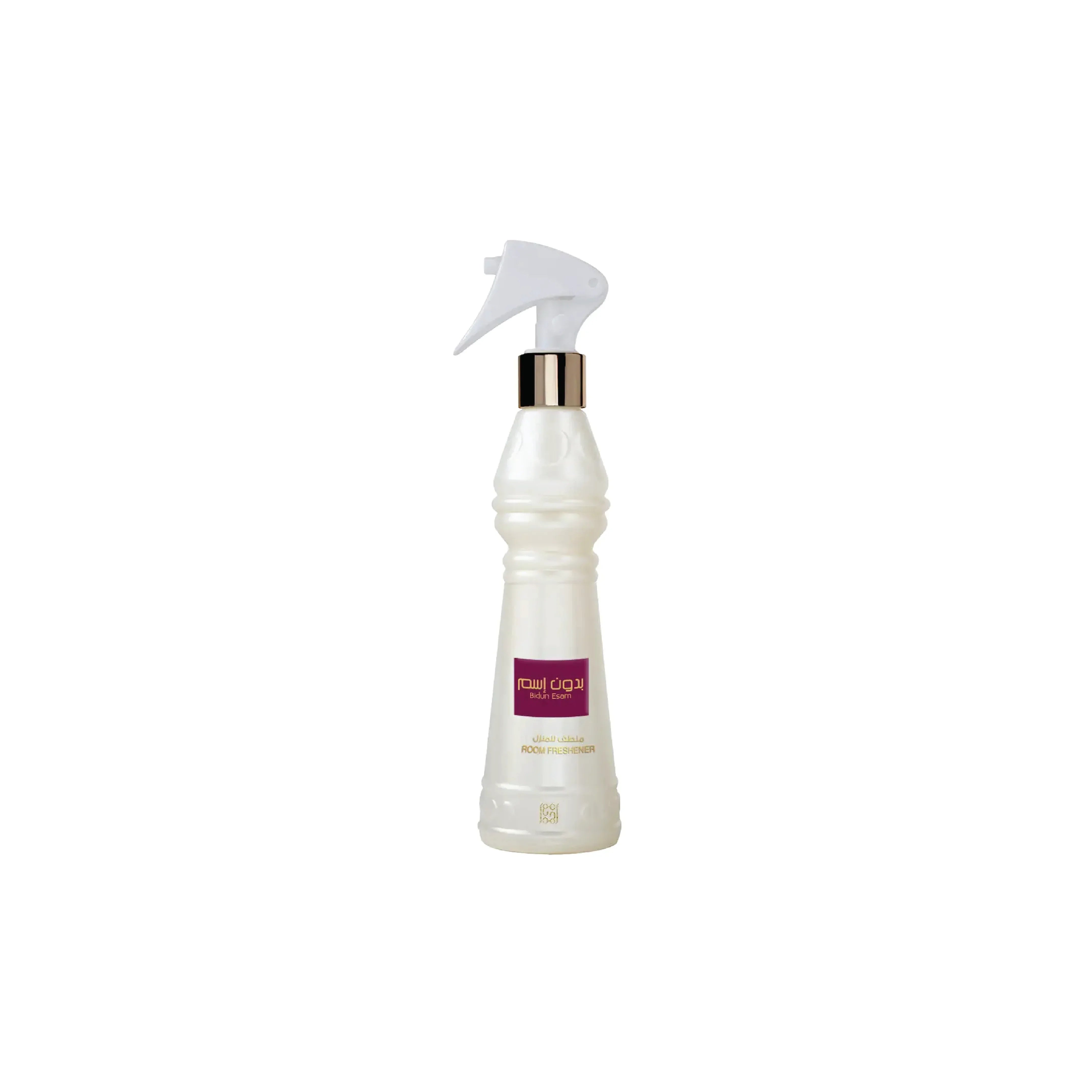 Elegant white room freshener spray with gold accents and Arabic text, perfect for luxury home fragrance.