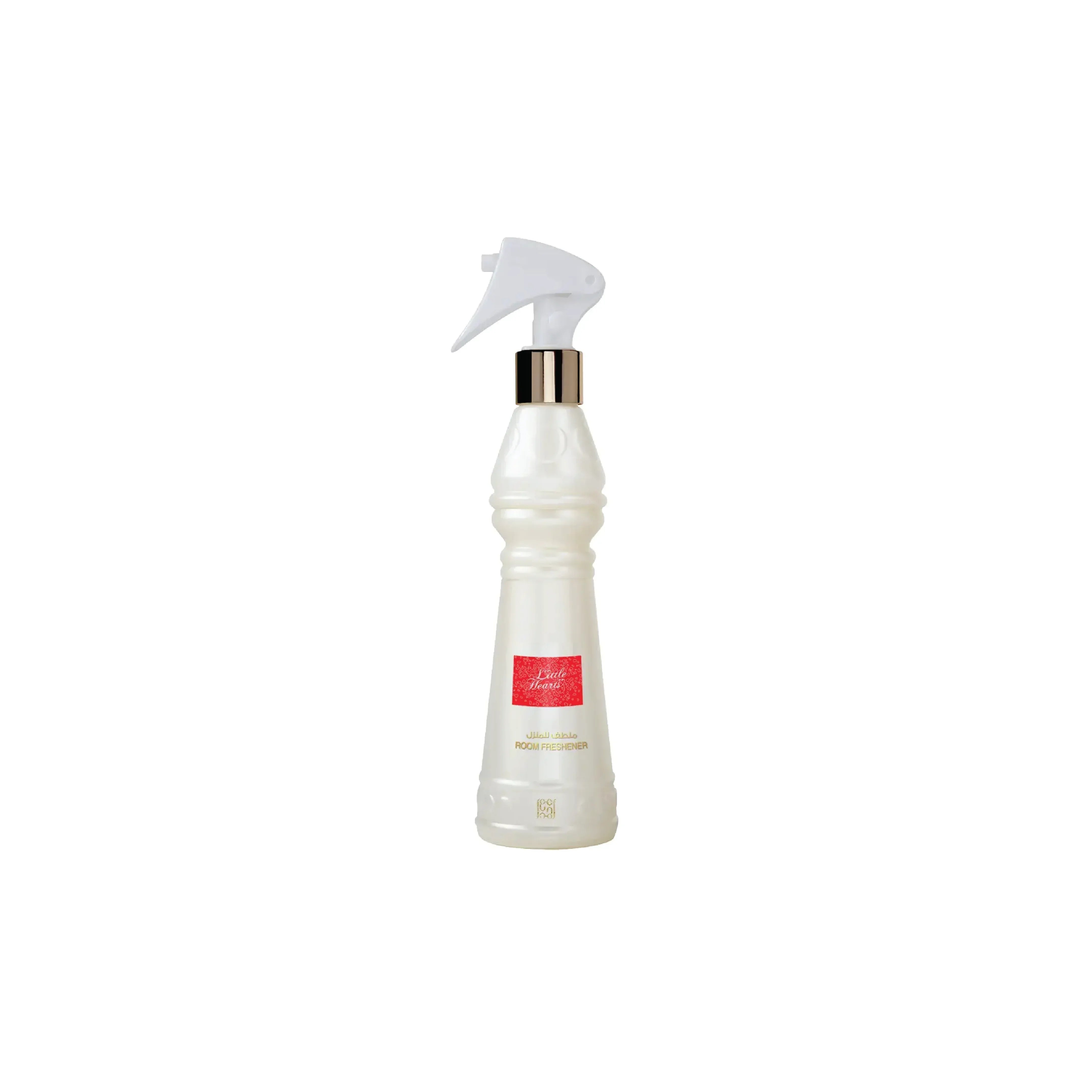 Elegant white room freshener spray with gold accents and red label for luxury fragrance