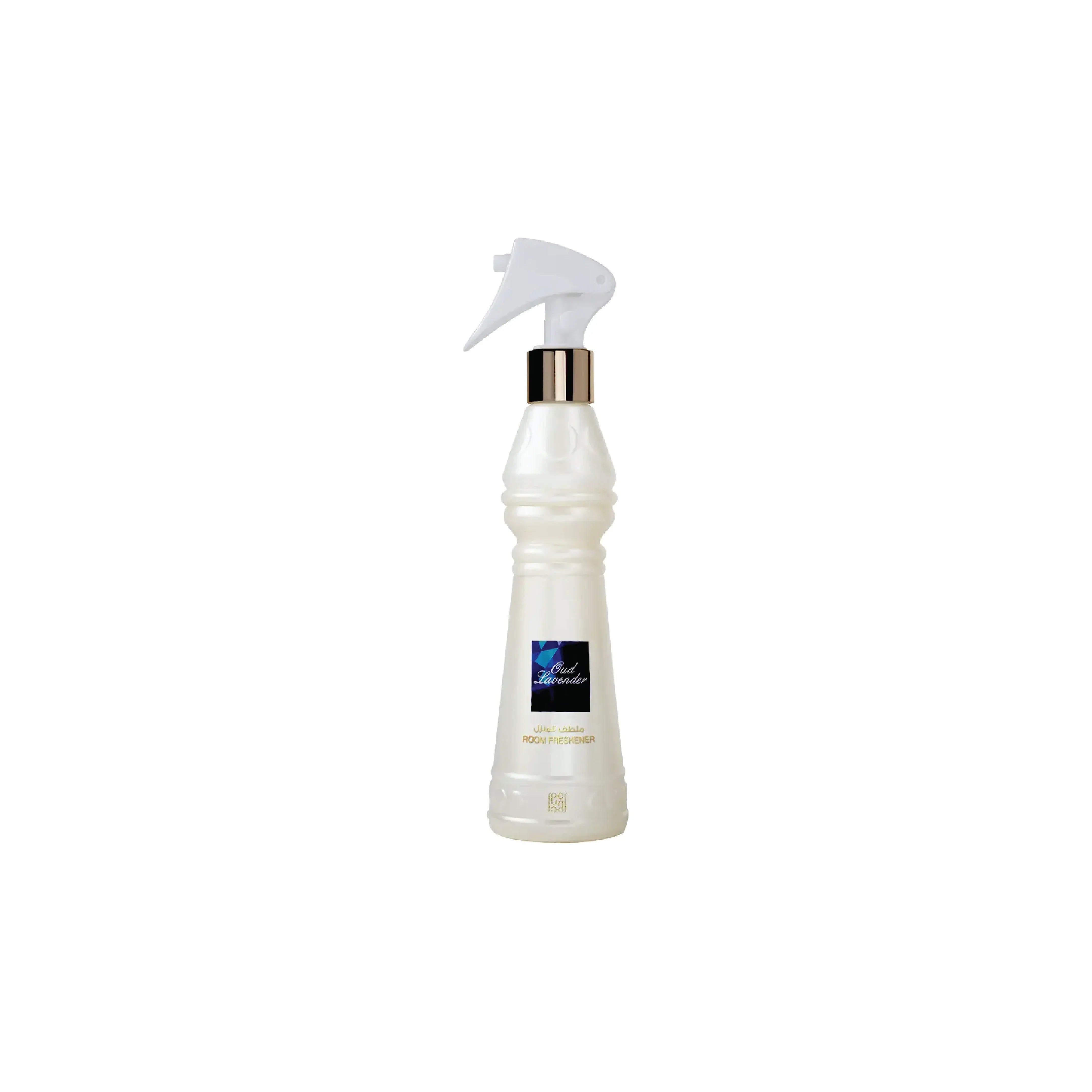 Elegant white Oud Lavender room freshener spray with gold accents for luxury home fragrance