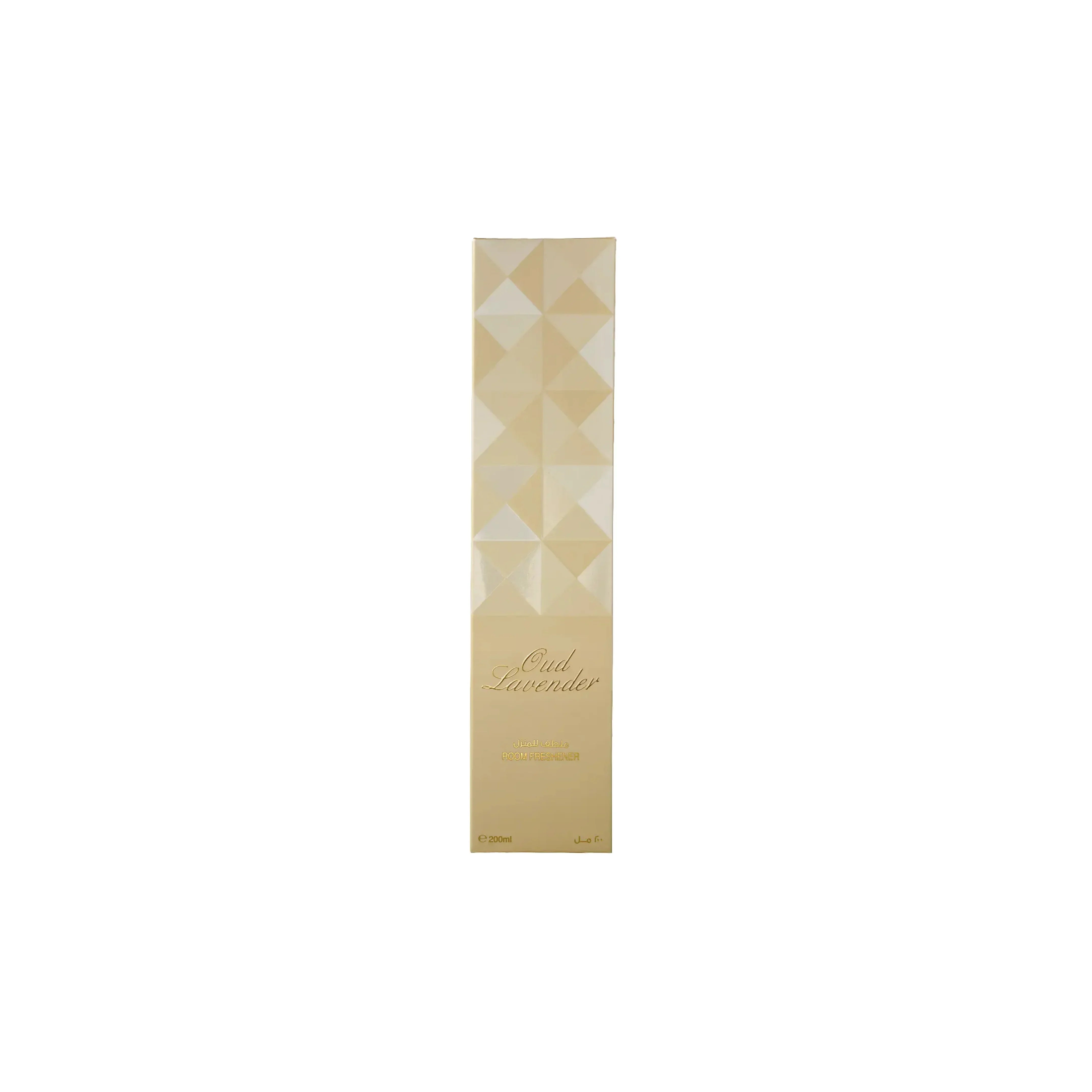 Oud Lavender room freshener with geometric gold design, 200ml luxury fragrance