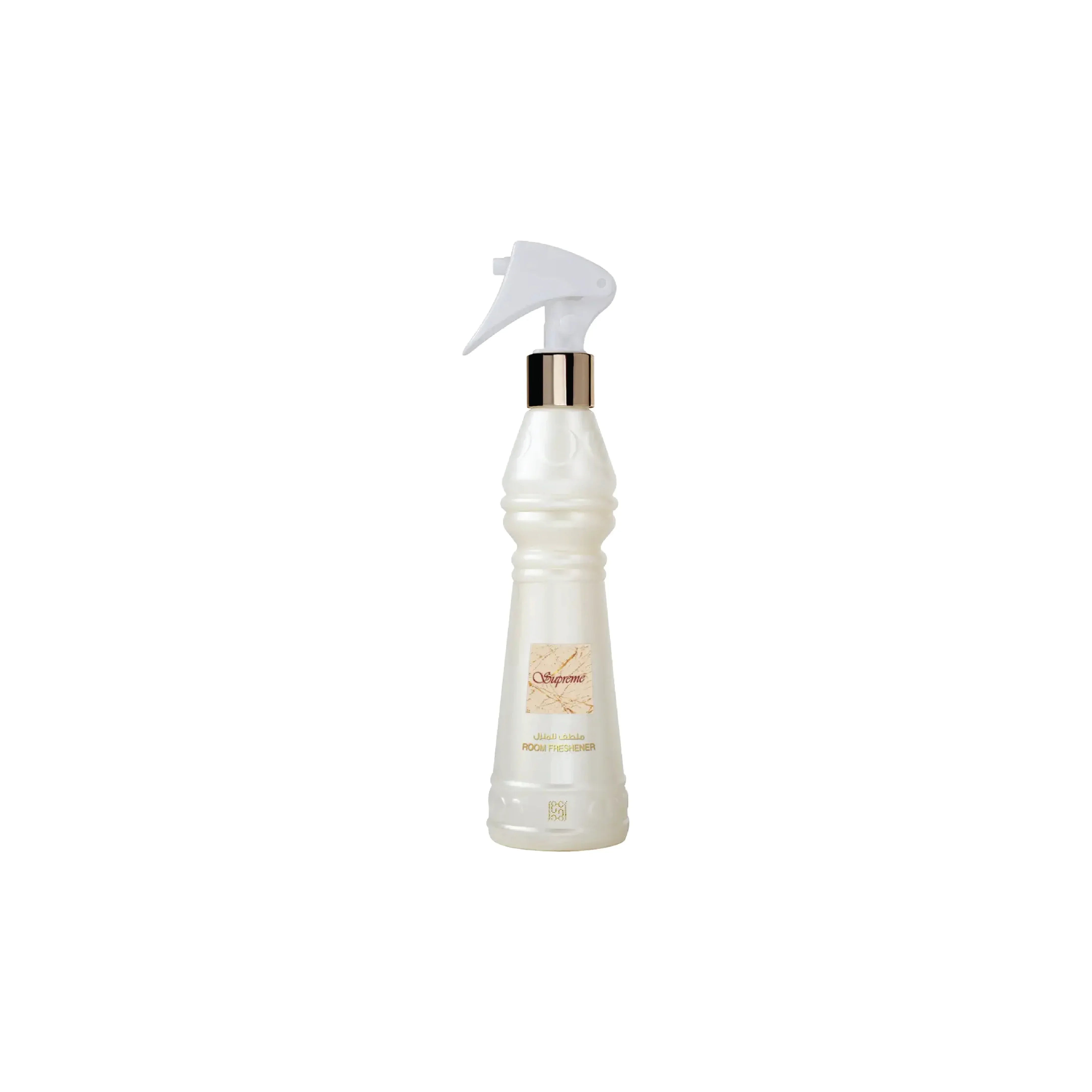 Elegant white room freshener spray with gold accents, labeled Supreme for luxury fragrance