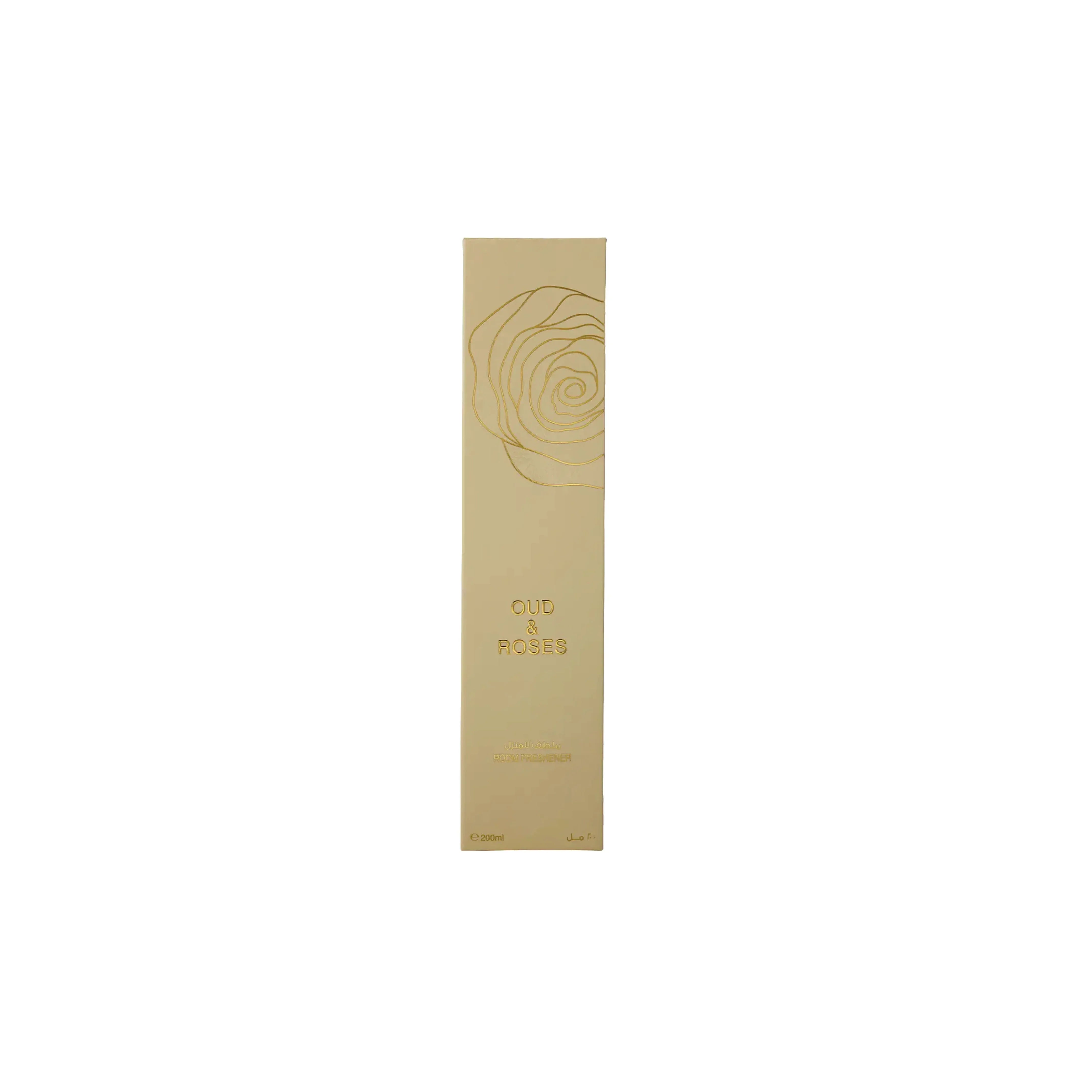 Oud & Roses room freshener with elegant gold rose design on beige packaging