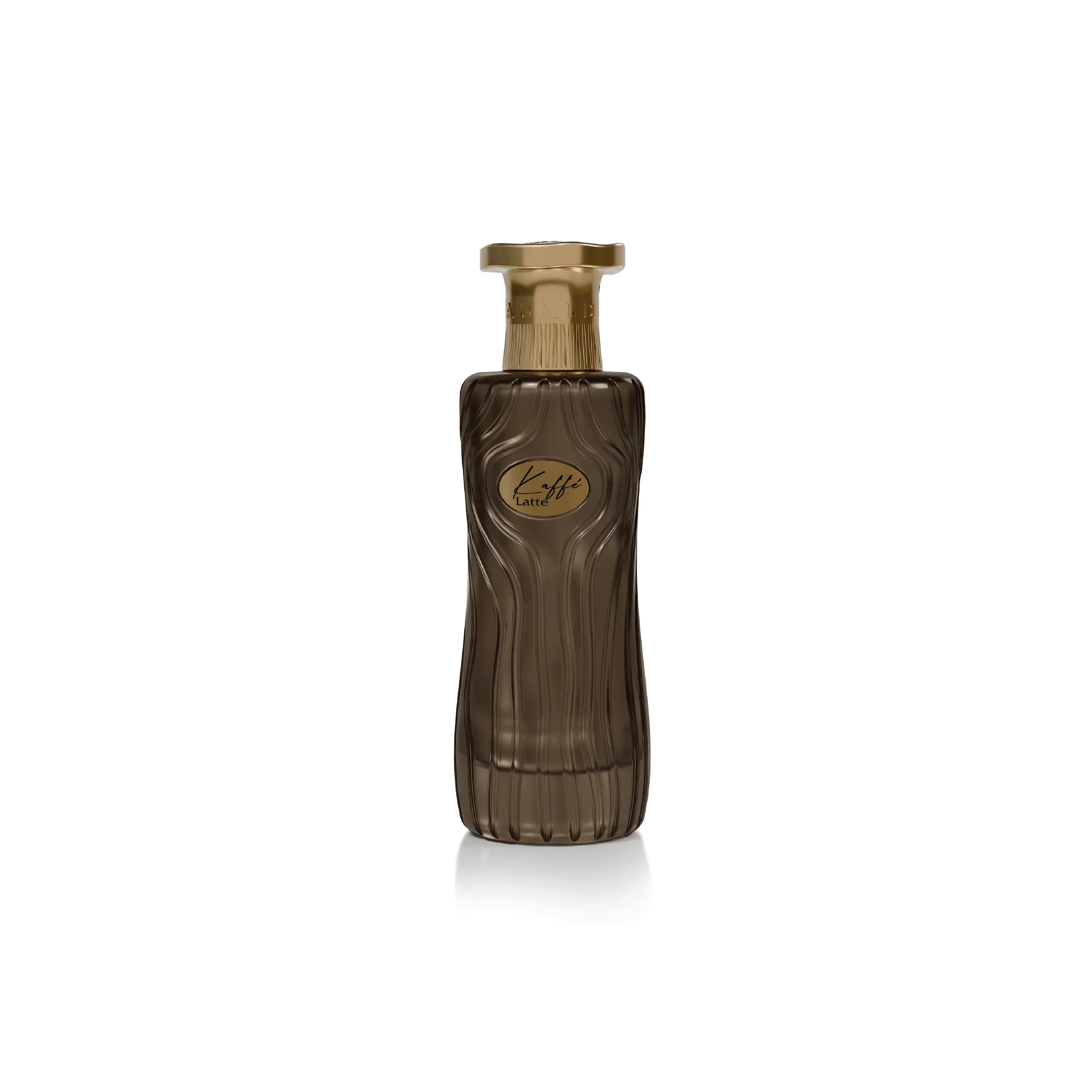 Kaffé Latte luxury perfume bottle with brown ribbed design and gold cap, Middle Eastern fragrance
