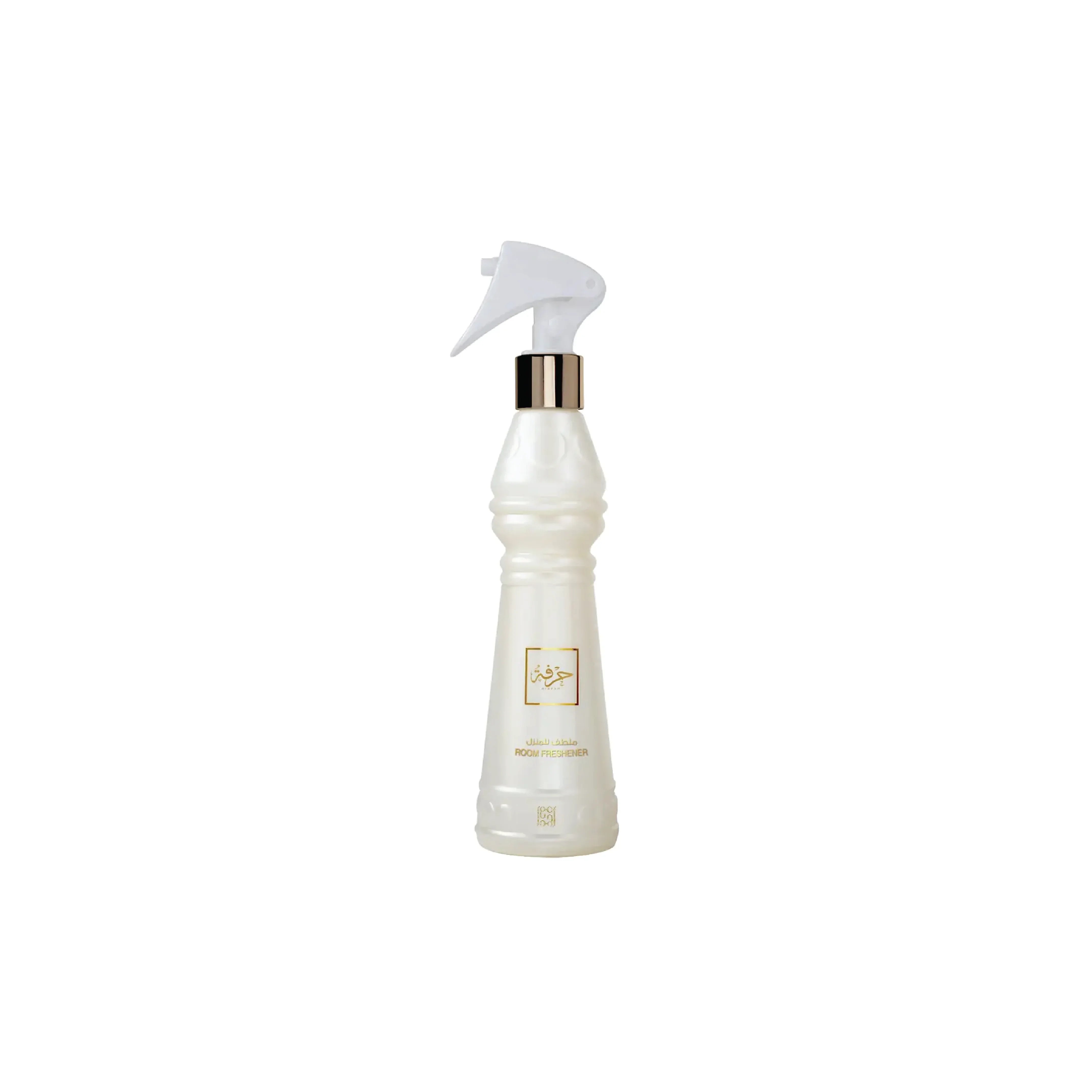 Elegant white room freshener spray with gold accents for luxury fragrance
