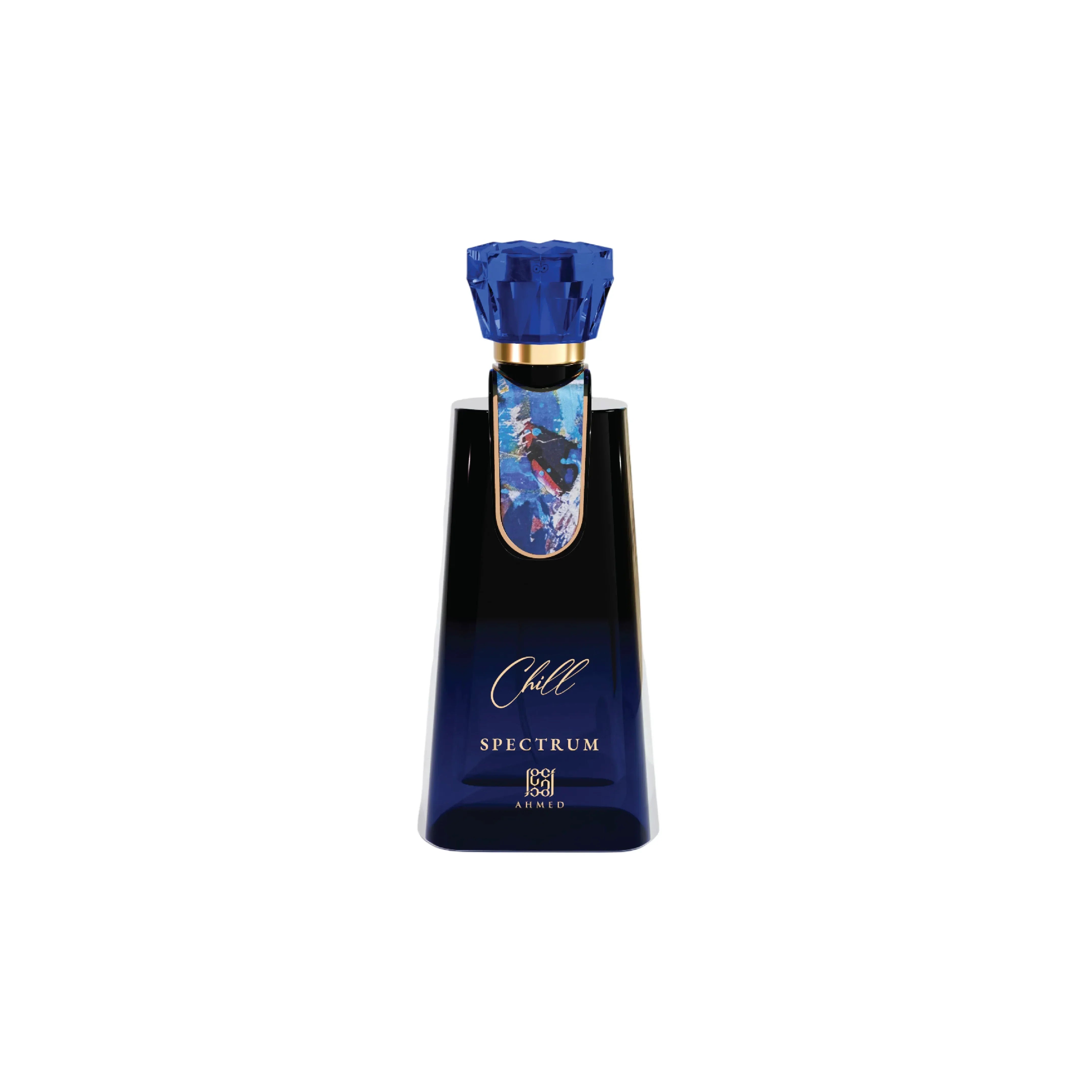Chill Spectrum by Ahmed: luxury blue perfume bottle with gem-like cap and artistic label
