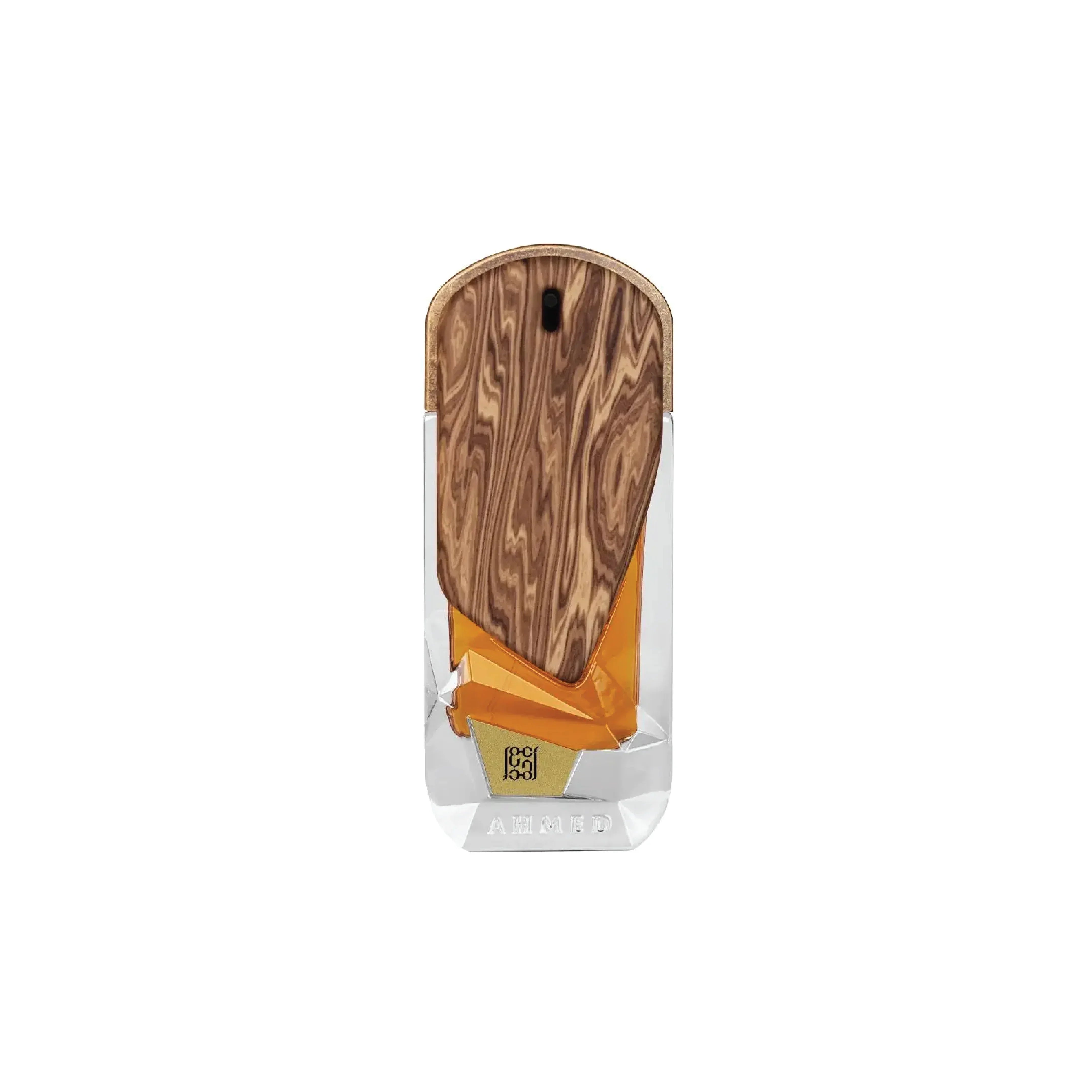 Luxury Ahmed perfume bottle with wood-textured cap and amber glass, Middle Eastern fragrance
