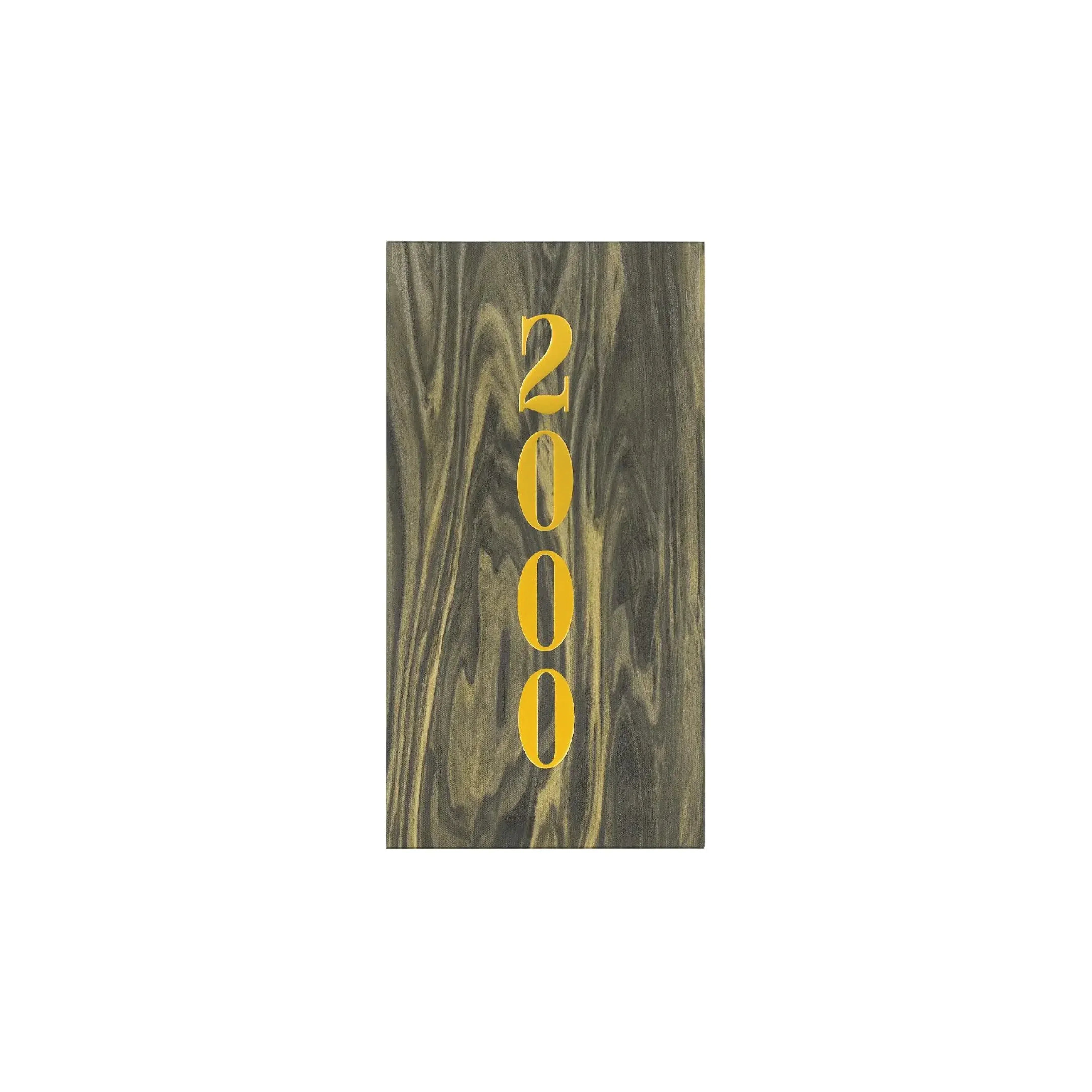 Luxury perfume bottle with gold 2000 text on dark wood grain design
