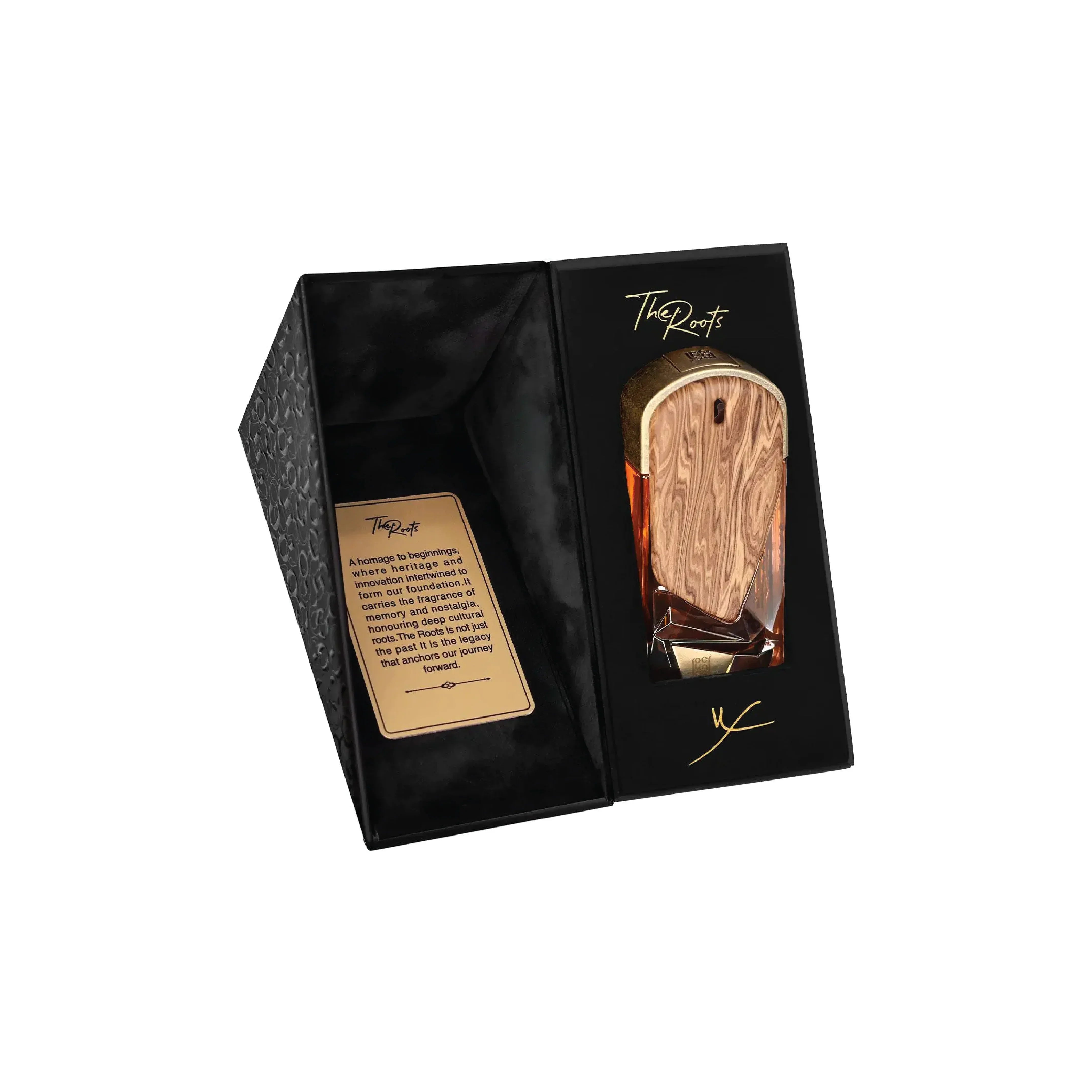 Luxury wooden-textured perfume bottle 'The Roots' in elegant black gift box with gold accents