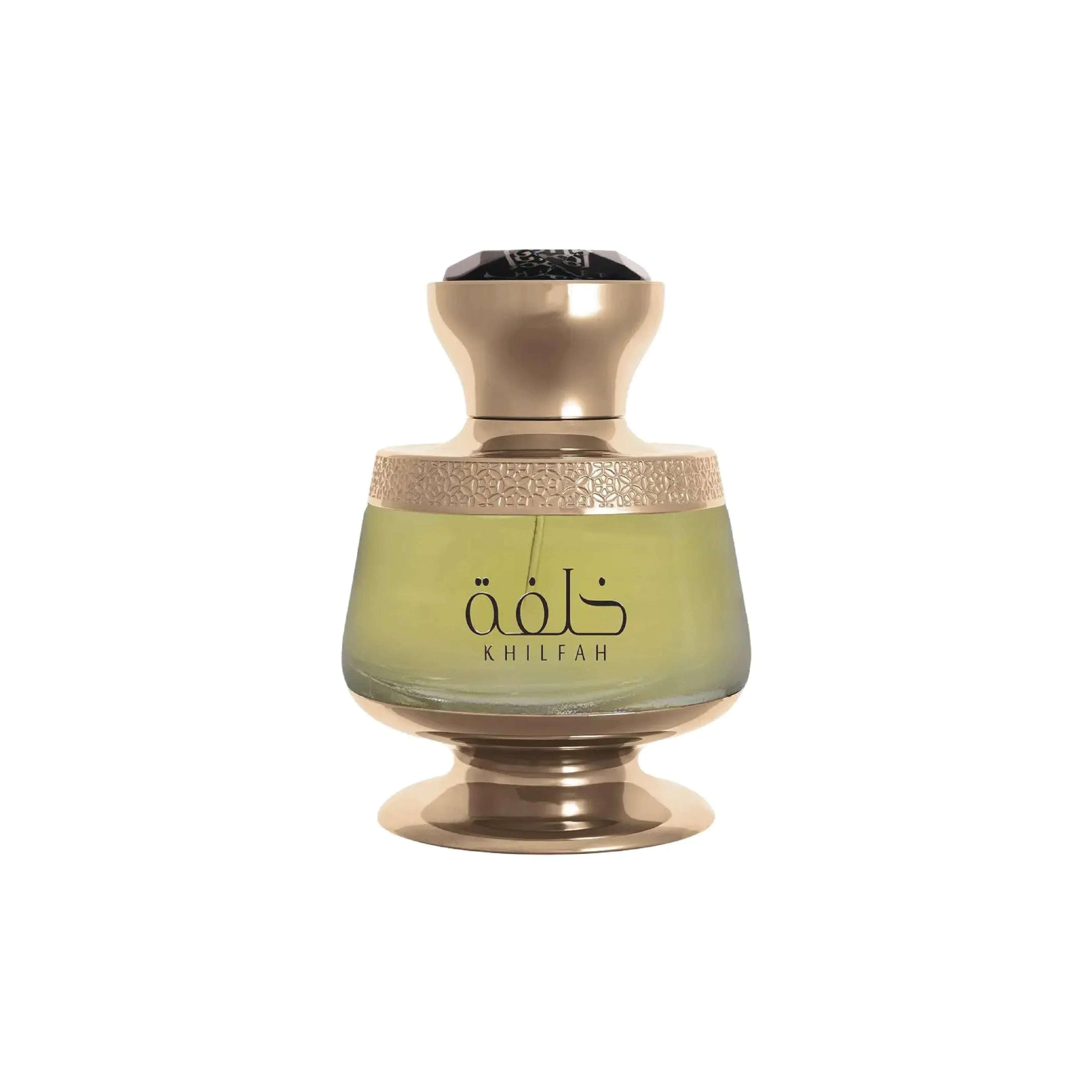 Elegant gold and green Middle Eastern perfume bottle labeled Khilfah on white background