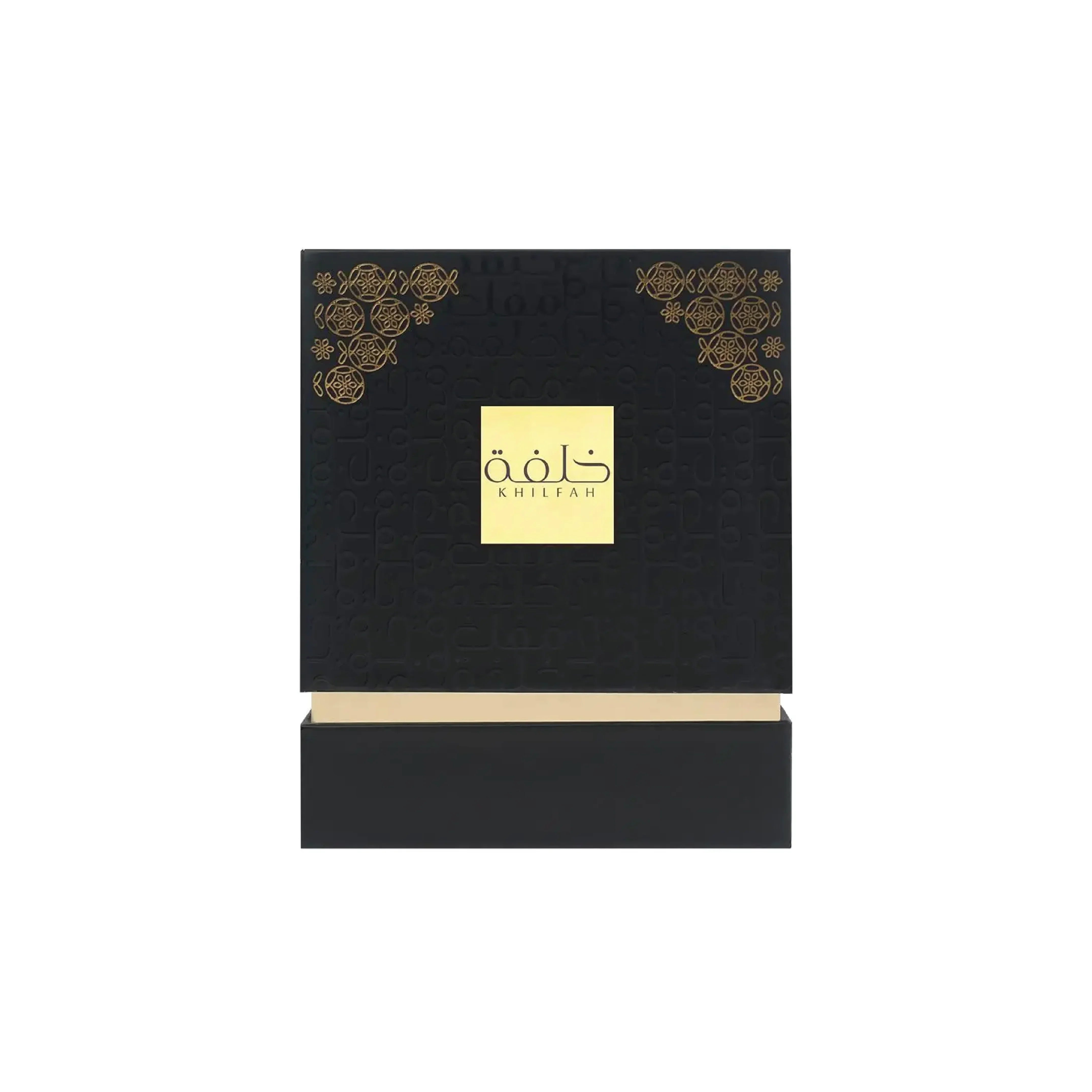Luxury black and gold Khilfah perfume box with Arabic calligraphy and floral accents