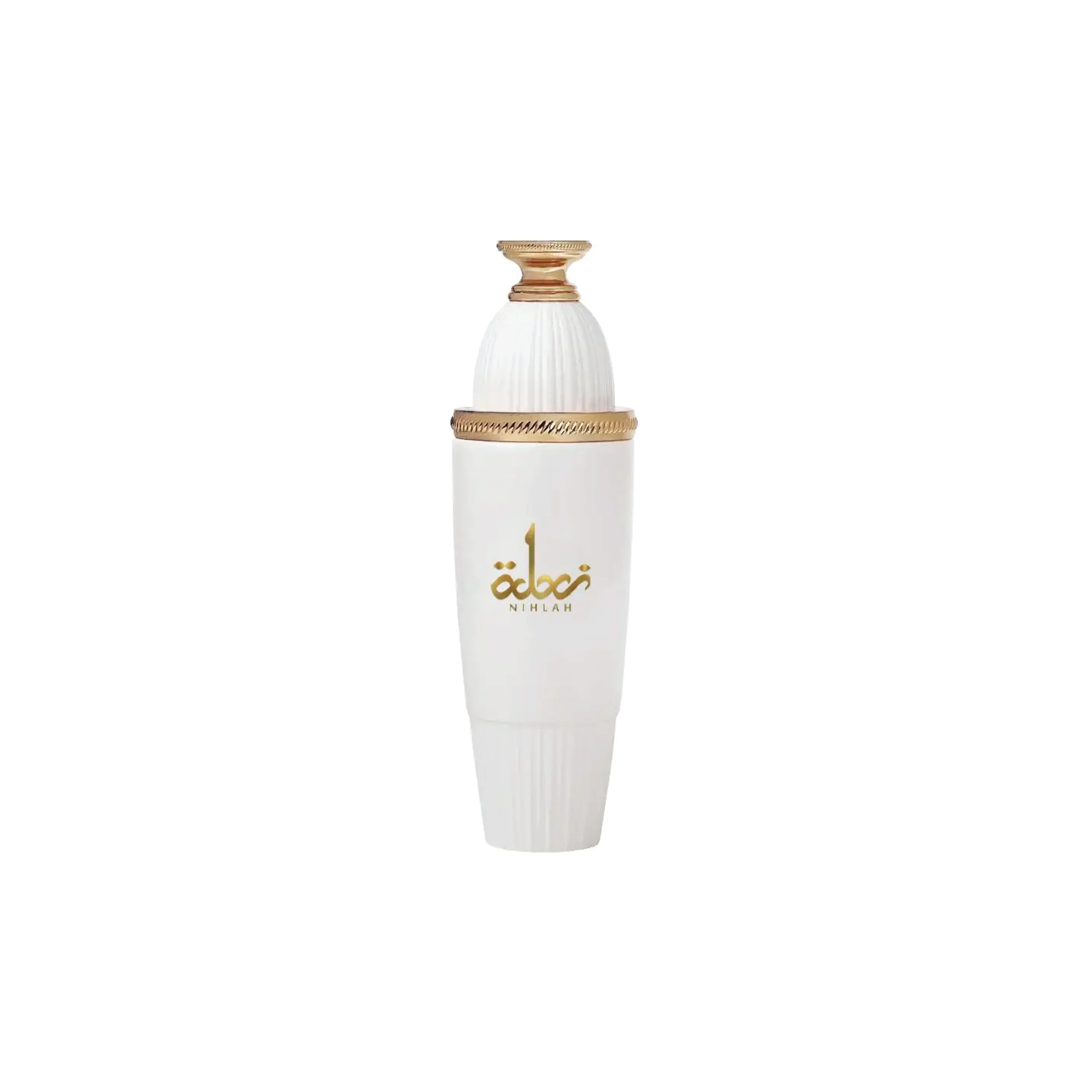 Elegant white and gold Middle Eastern perfume bottle with Arabic writing on a plain background