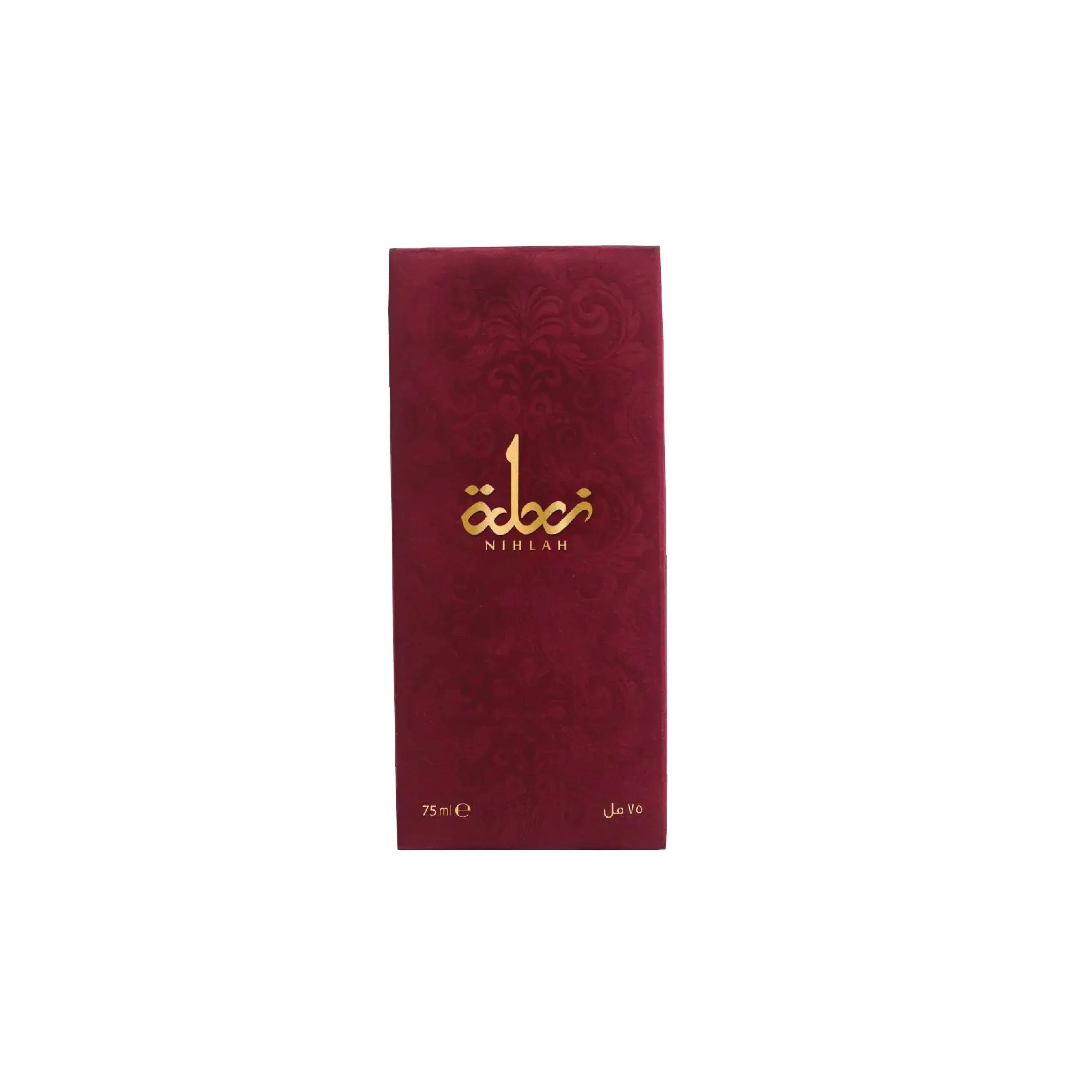 Maroon luxury perfume box with gold Arabic and English text, Nihlaj 75ml.
