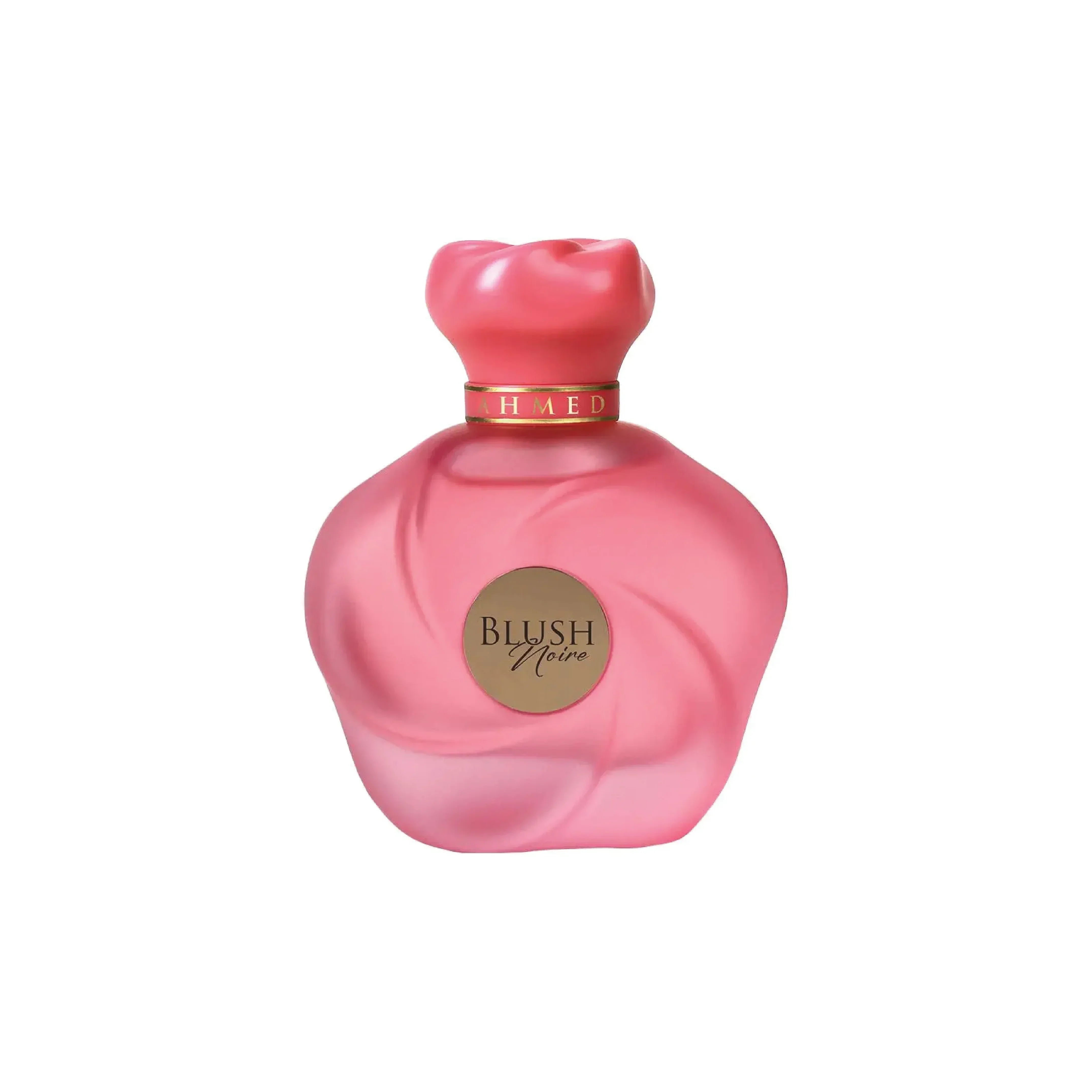 Pink floral-shaped Blush Noire perfume bottle with gold label, luxury fragrance product