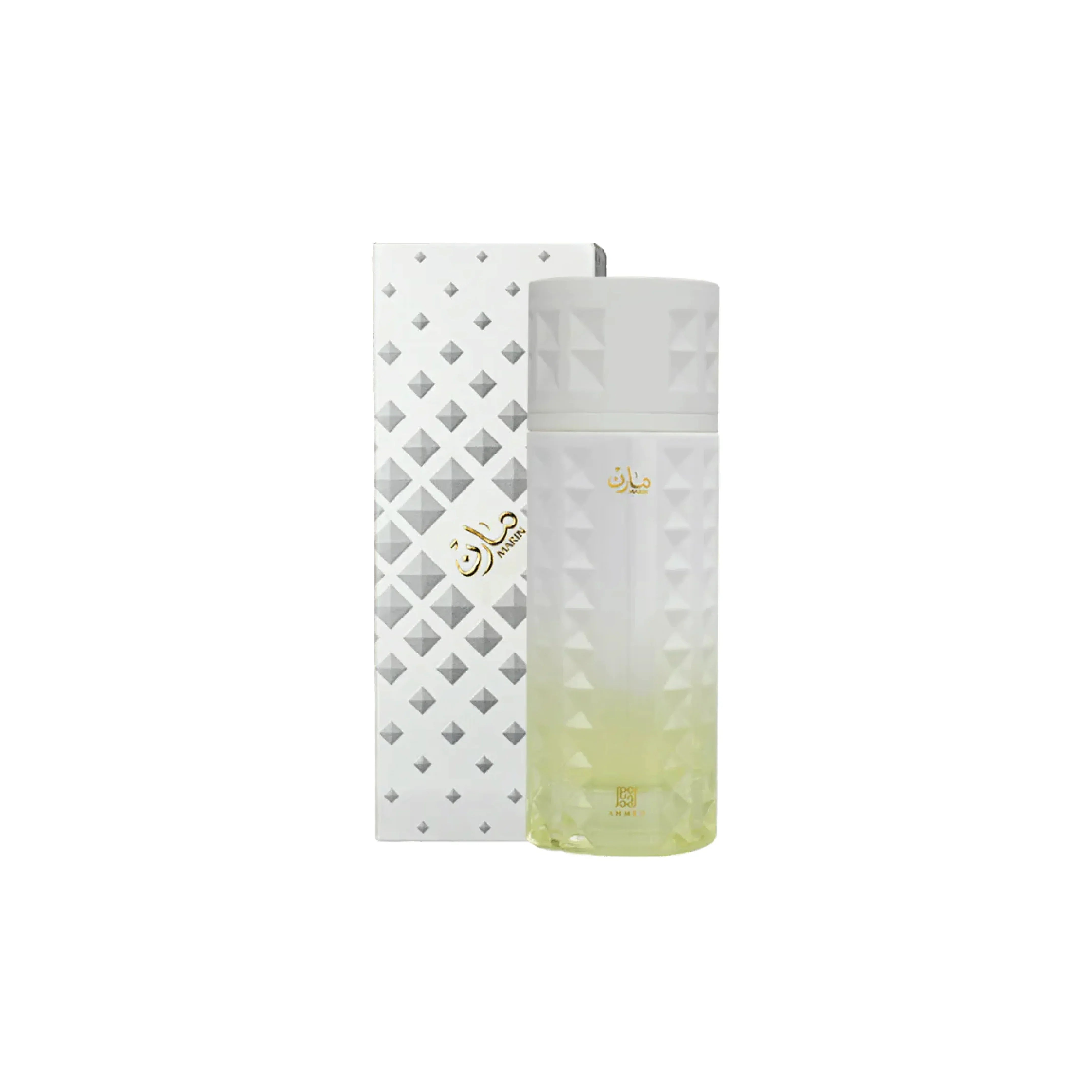 Elegant perfume bottle with geometric textured design and matching white box, Middle Eastern fragrance.