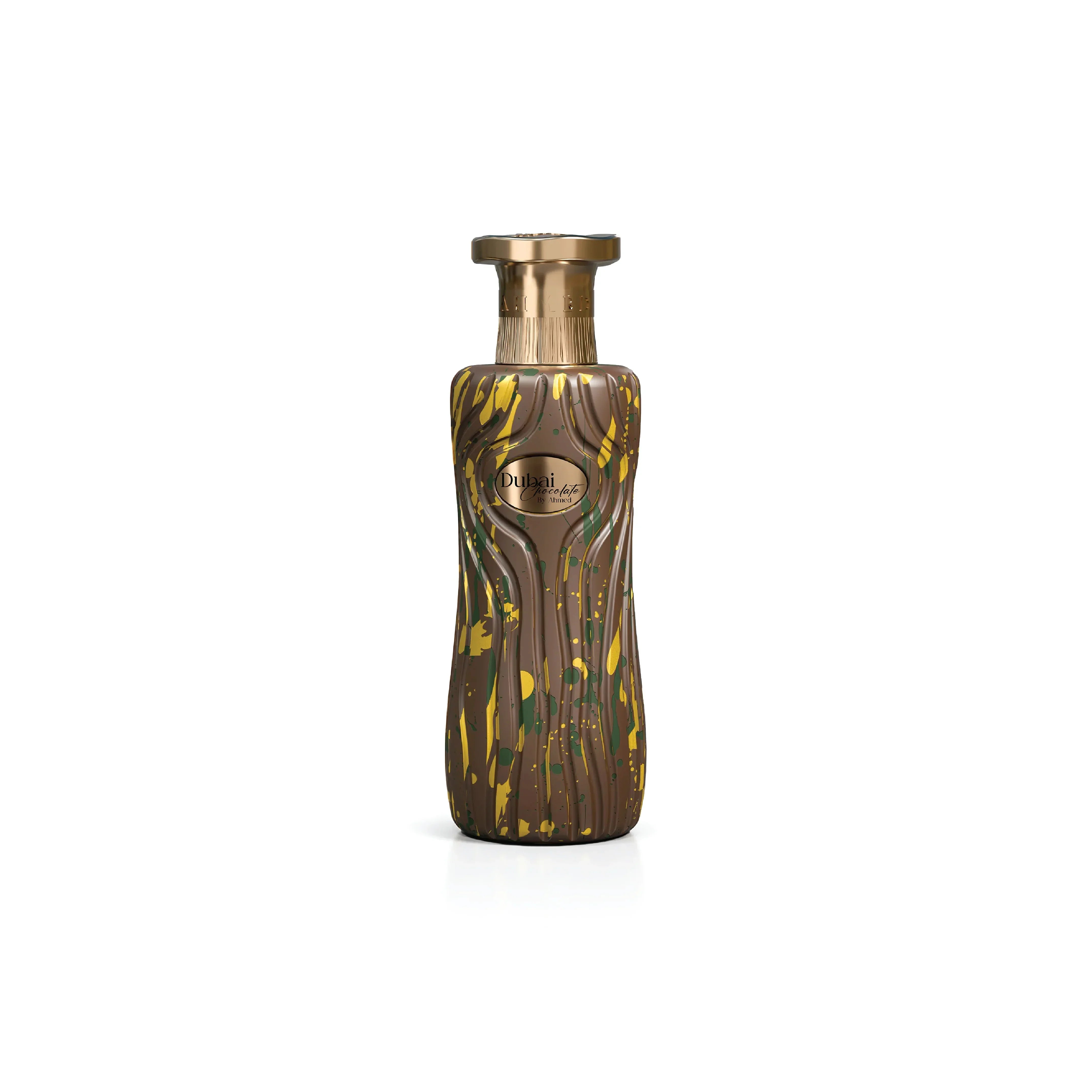 Dubai Chocolate by Ahmed luxury perfume bottle with gold cap and brown, yellow, green splatter design