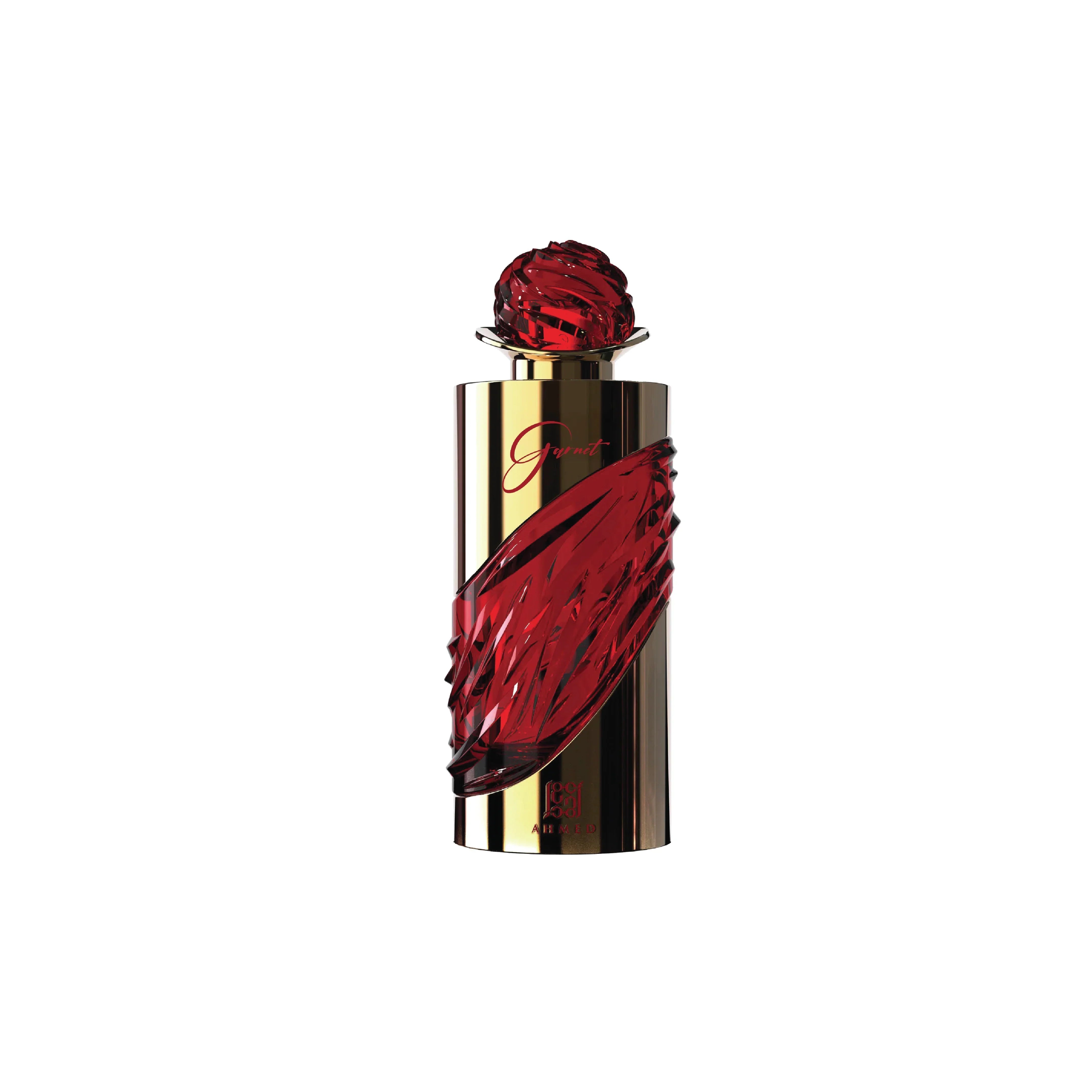 Luxury red and gold perfume bottle with 'Garnet' label, Middle Eastern fragrance design
