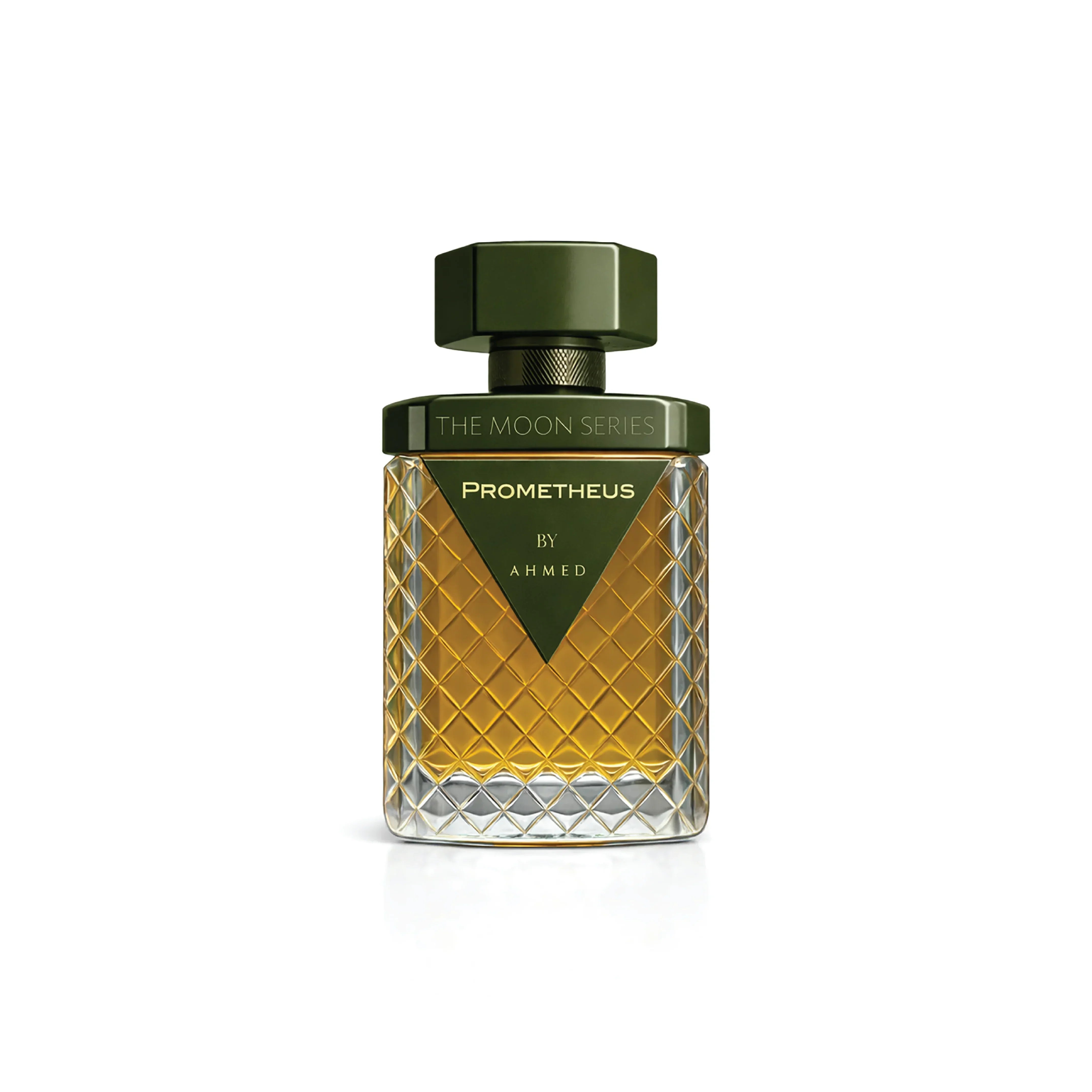 Luxury Prometheus by Ahmed perfume bottle with green cap and diamond pattern glass