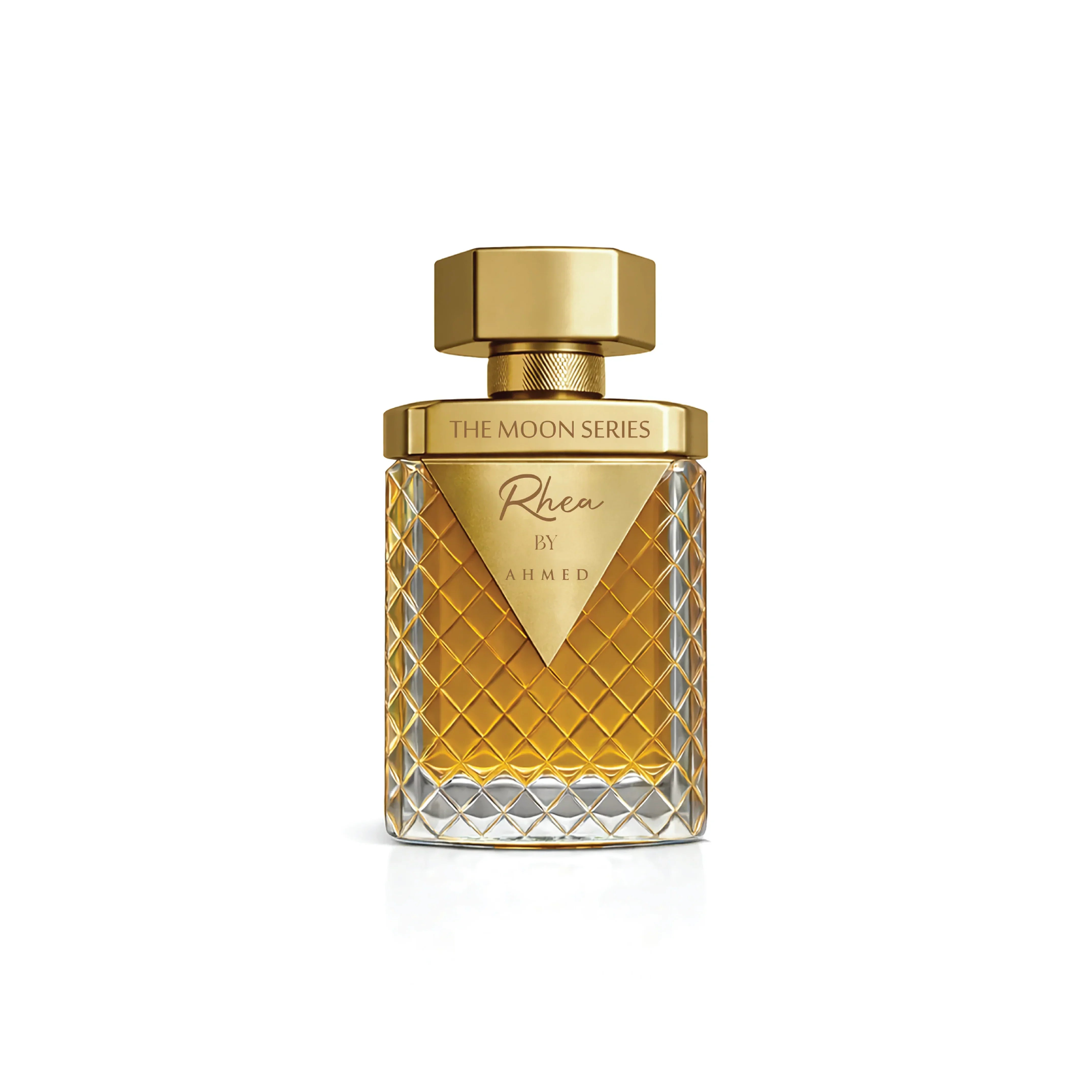 Elegant gold perfume bottle labeled Rhea by Ahmed with diamond-patterned glass