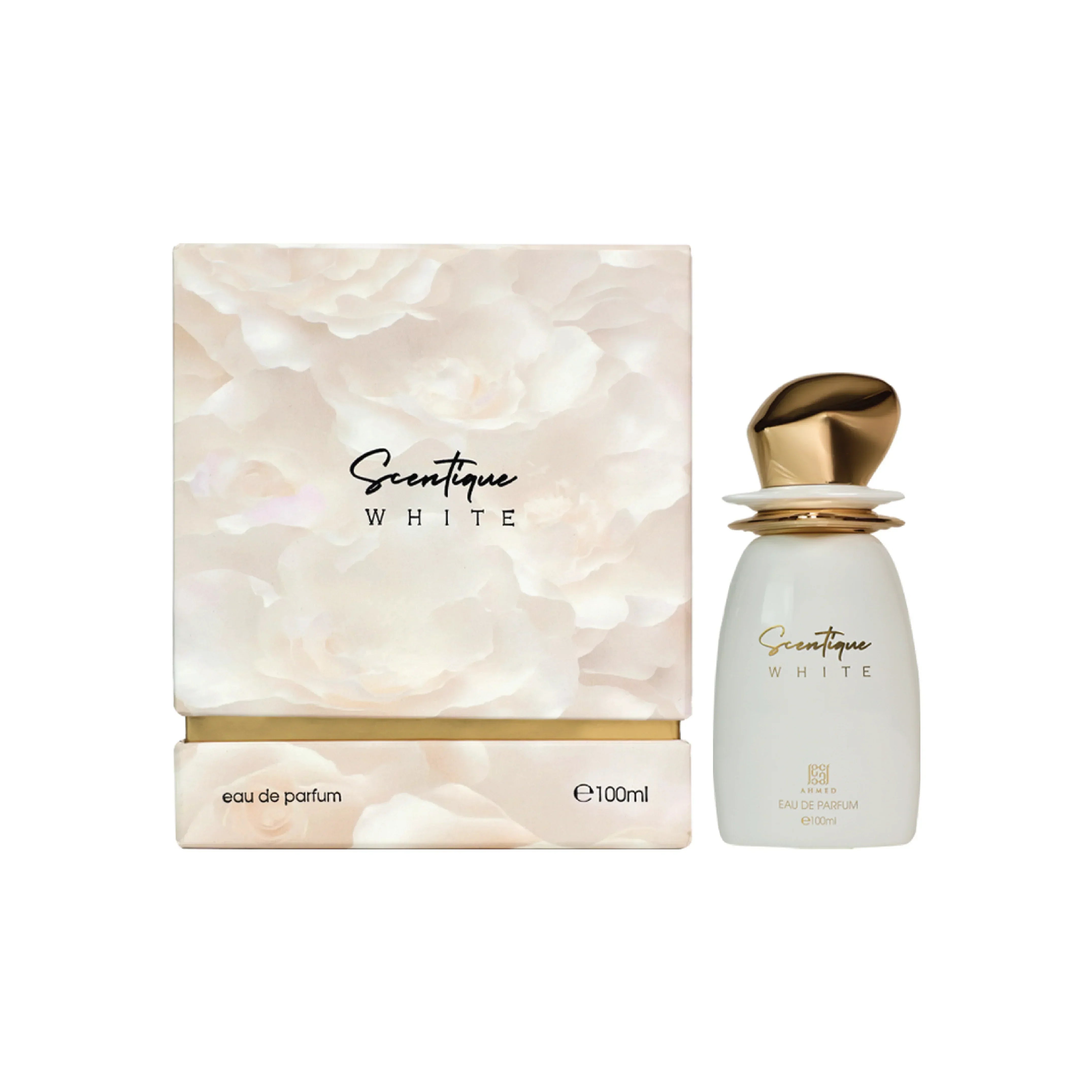 Scentique White eau de parfum 100ml with elegant floral packaging and gold cap