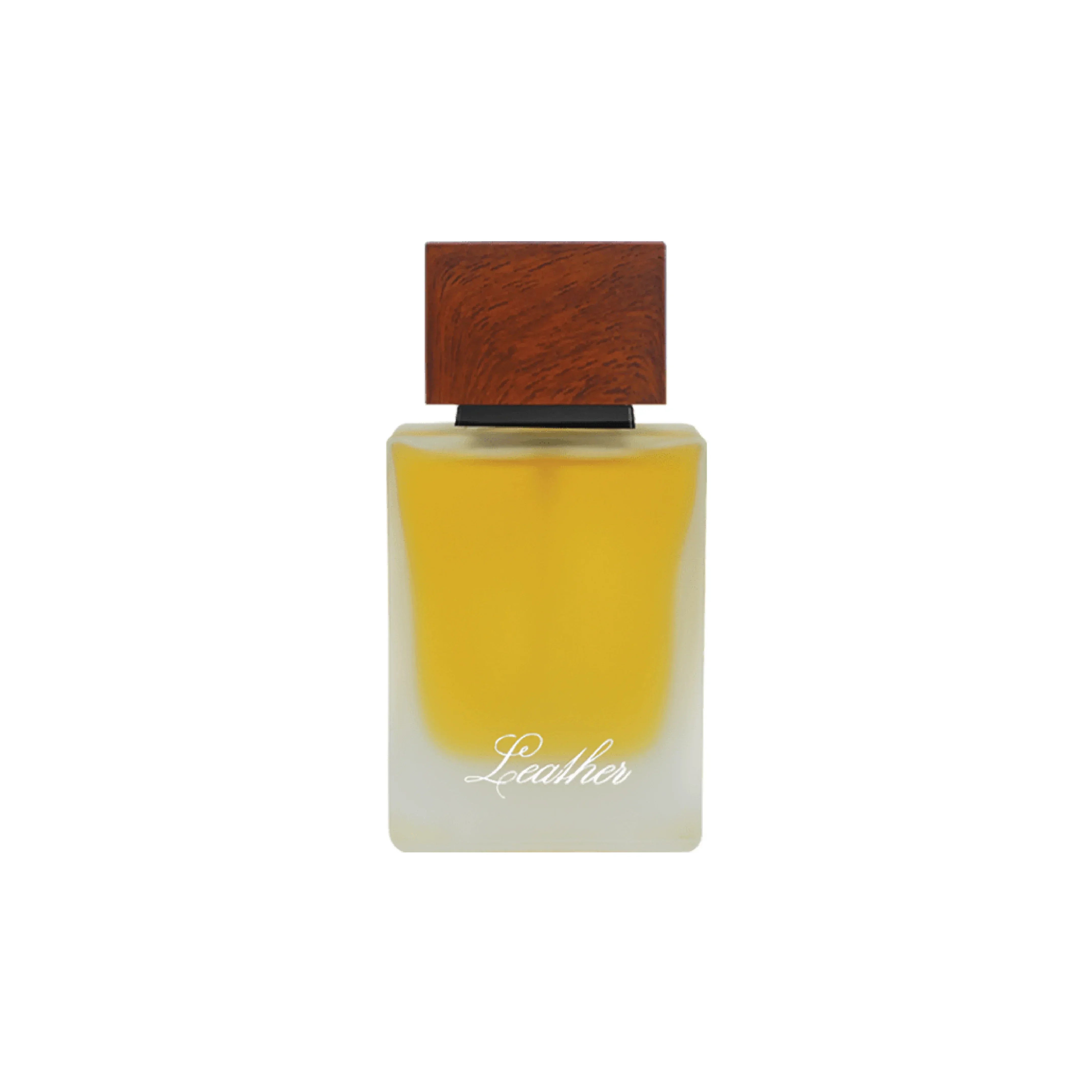 Luxury leather fragrance bottle with wooden cap and golden hue