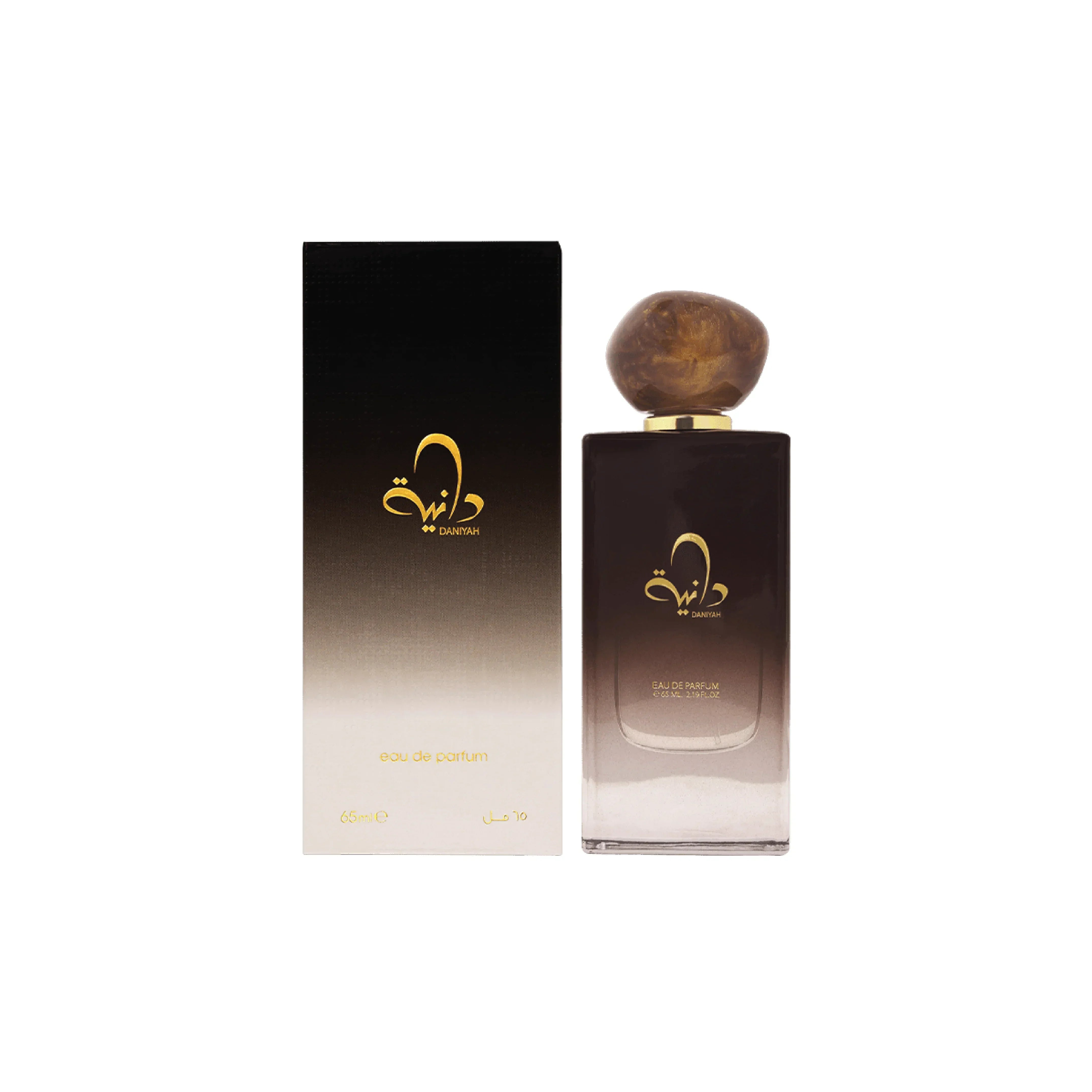 Luxury DANIYAH eau de parfum bottle with elegant gold accents and gradient packaging